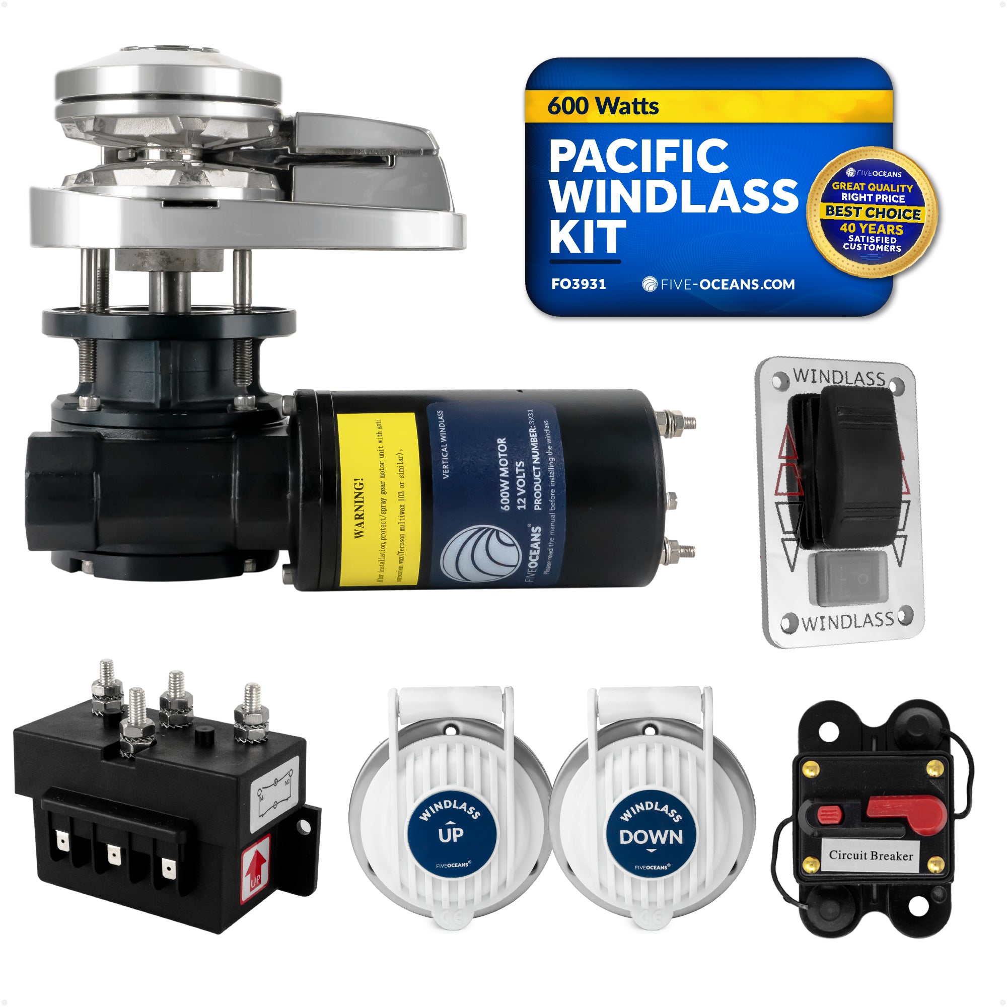 Pacific Windlass Kit - Compatible with 1/4" HTG4 Chain & 1/2" Rope, Vertical 600W 12V DC - FO3931