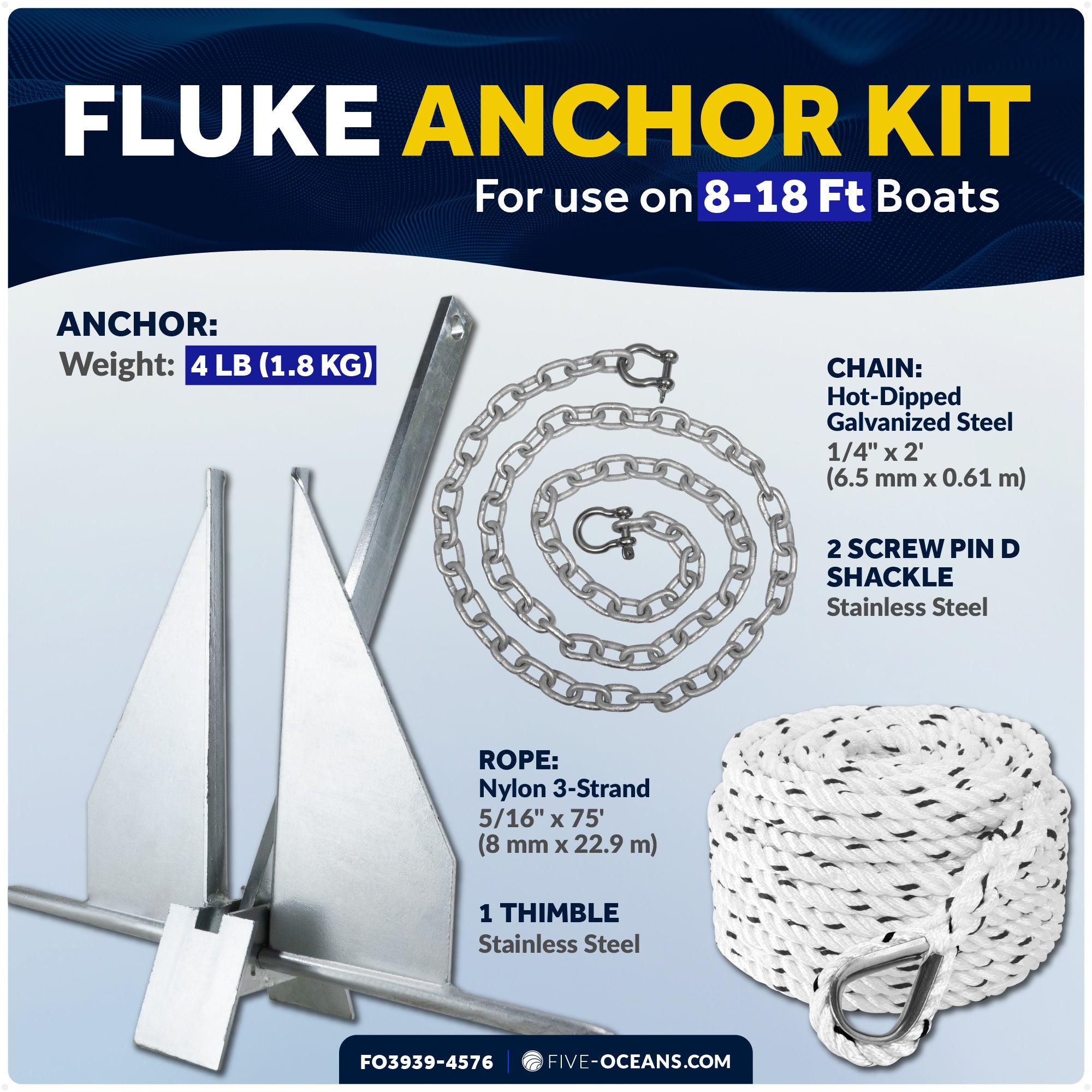 4 Lb Boat Fluke Anchor Kit, Hot Dipped Galvanized, Rope, Chain and Shackle - FO3939-4576 - Five Oceans