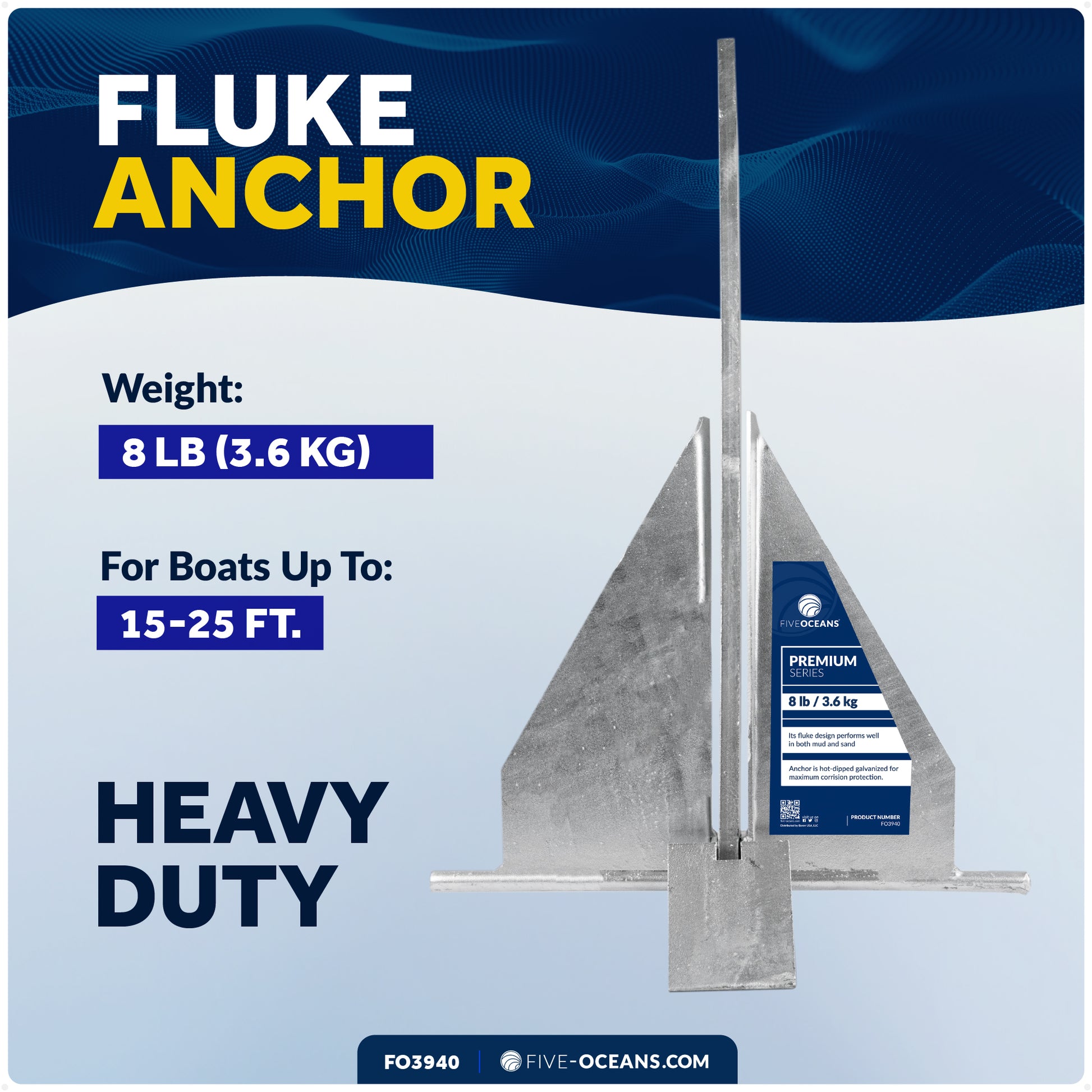 8 Lb Fluke Anchor, Hot Dipped Galvanized Steel - FO3940 - Five Oceans