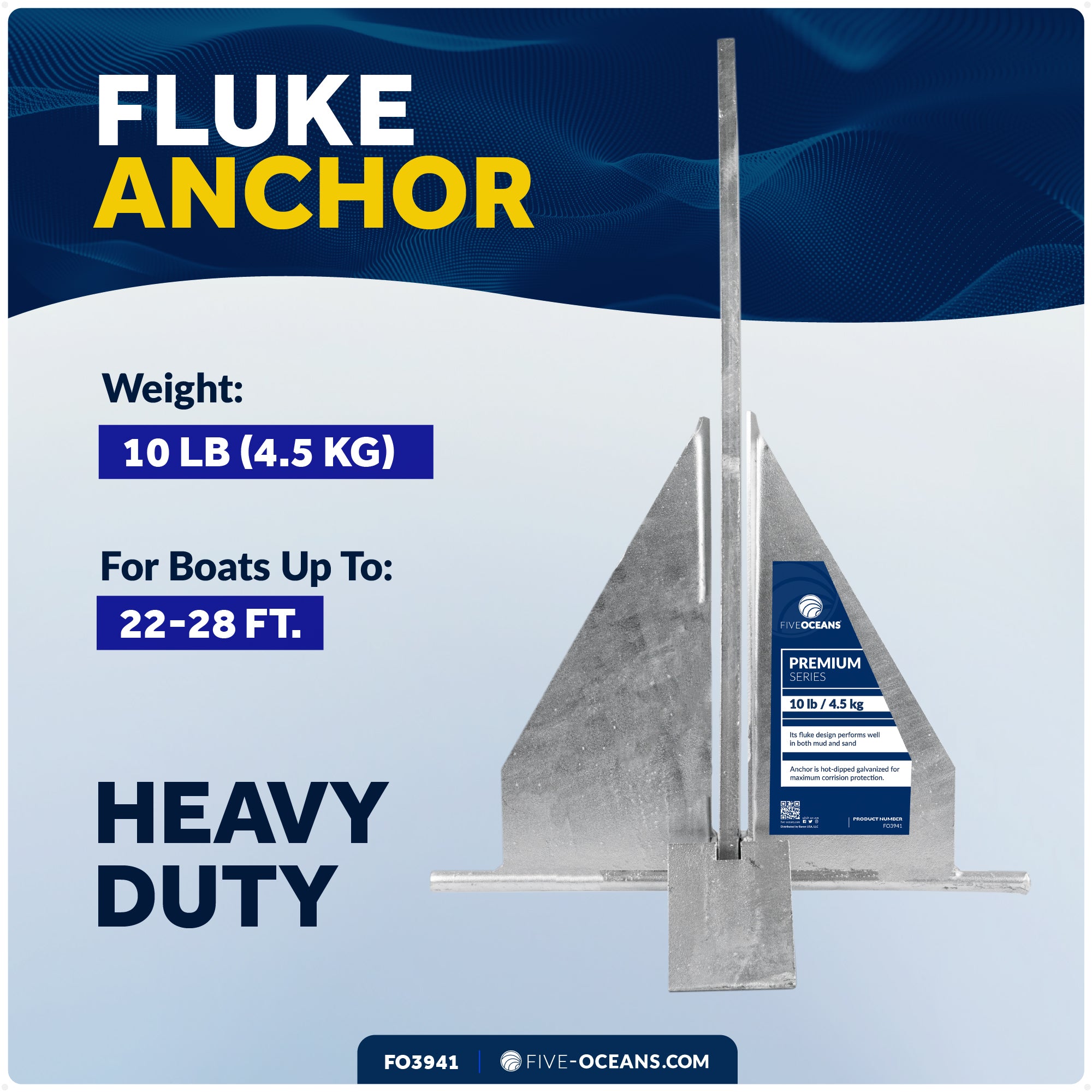 10 Lb Fluke Anchor, Hot Dipped Galvanized Steel Boat Anchor - FO3941 - Five Oceans