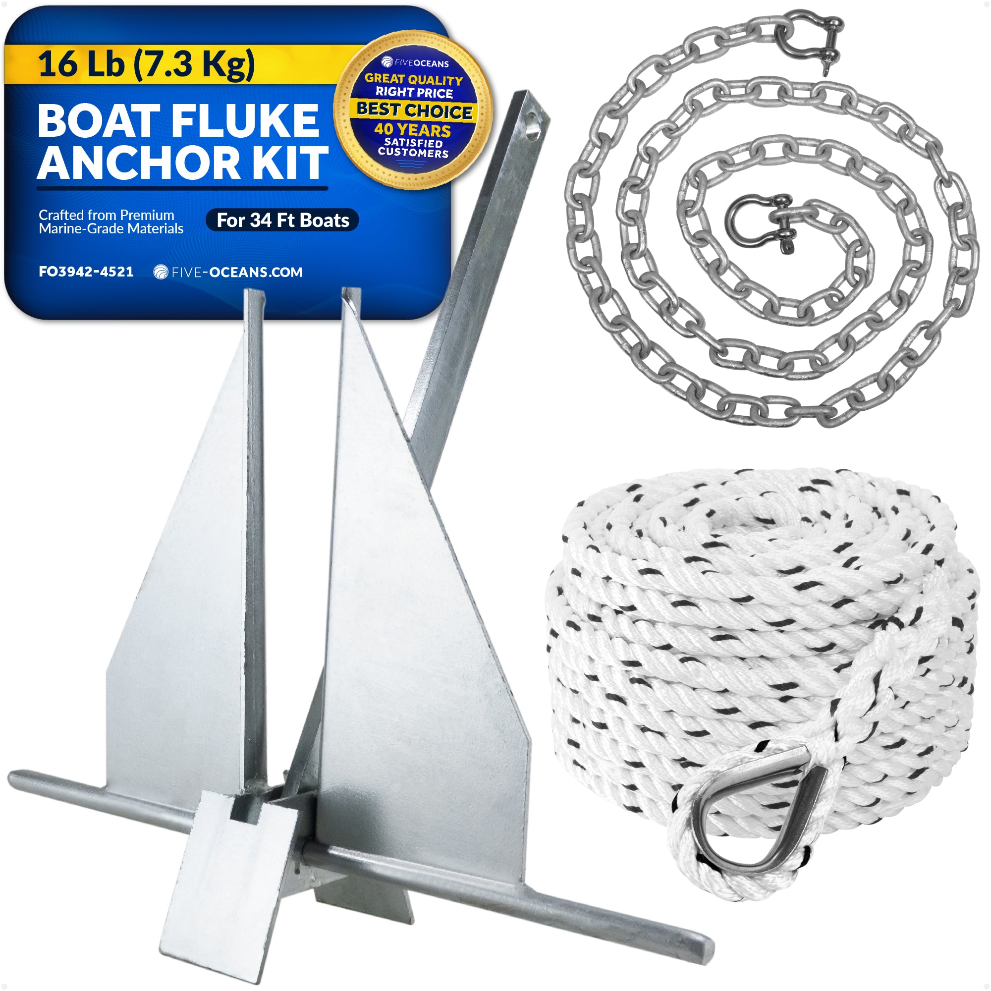 16 Lb Boat Fluke Anchor Kit, Hot Dipped Galvanized, Rope, Chain and Shackle - FO3942-4521 - Five Oceans