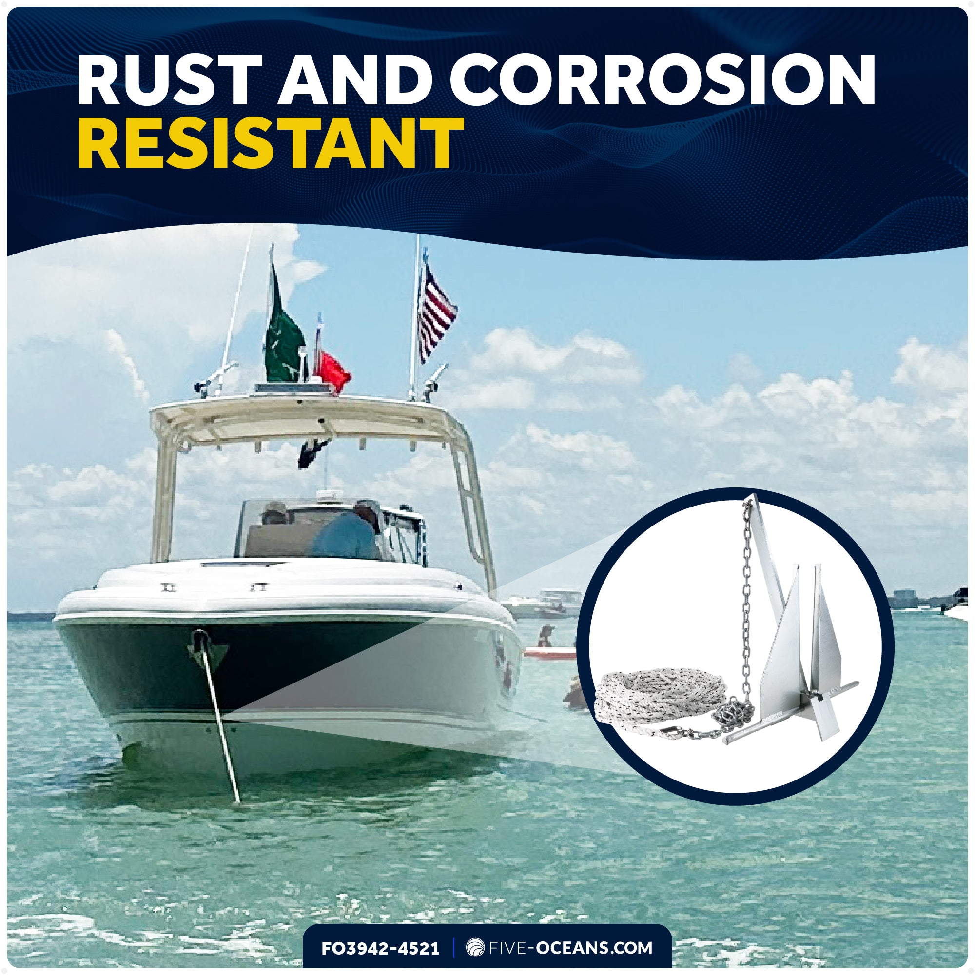 16 Lb Boat Fluke Anchor Kit, Hot Dipped Galvanized, Rope, Chain and Shackle - FO3942-4521 - Five Oceans