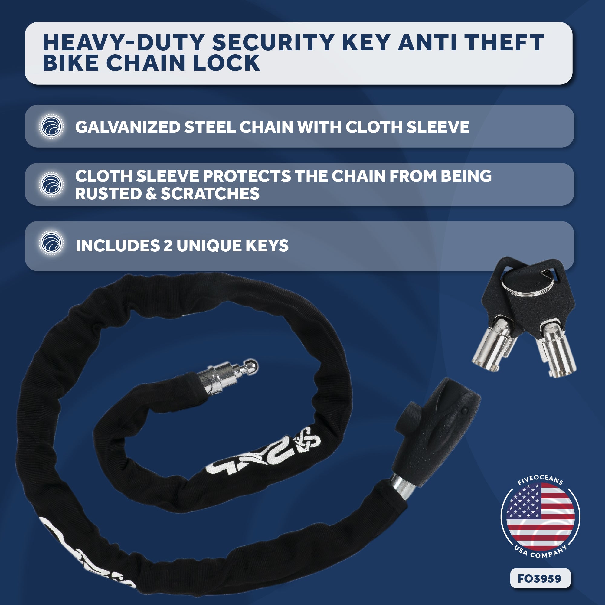 Bike Chain Lock, Keyed, with Mounting Bracket, 4' - FO3959 - Five Oceans