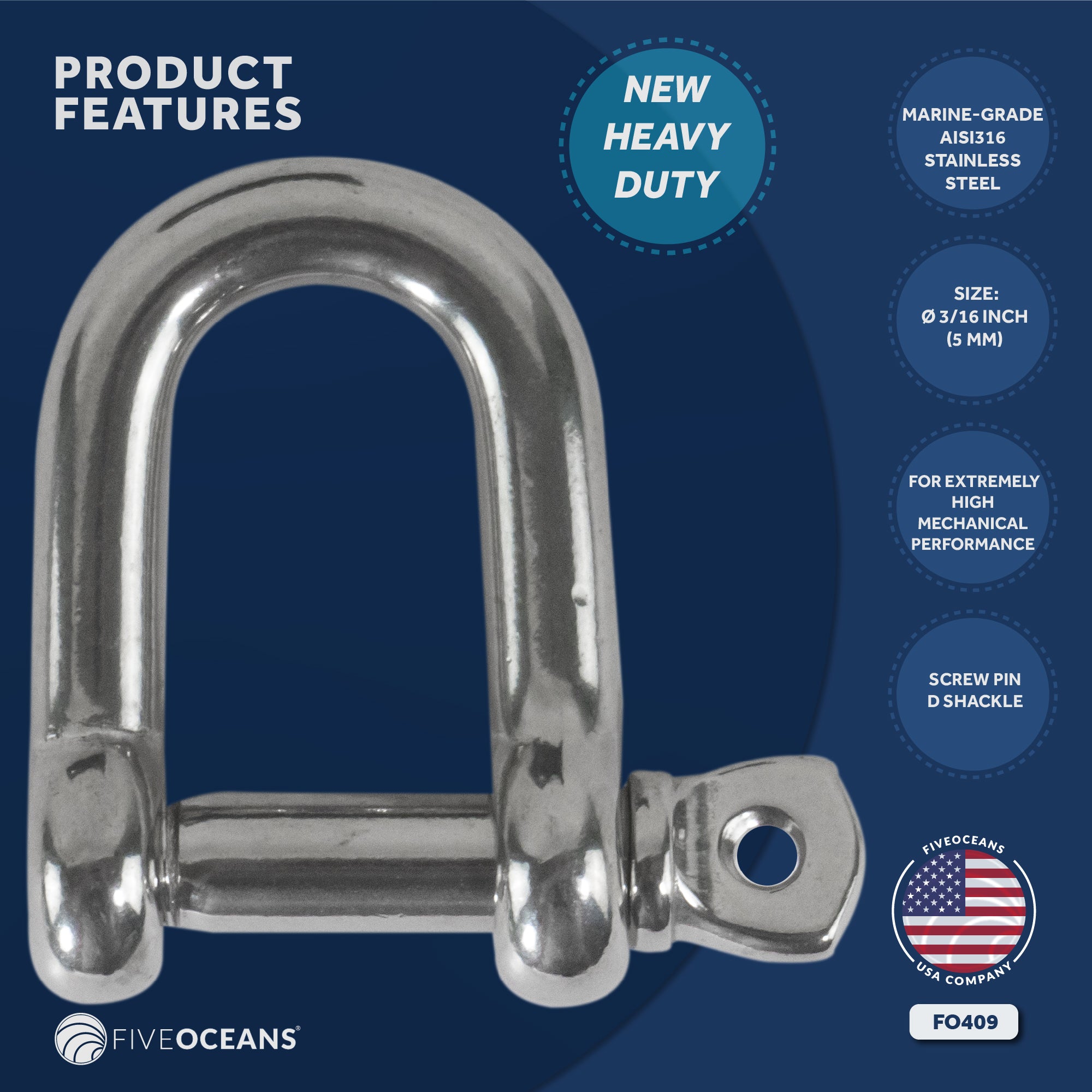 Pin D Shackles, 3/16" Screw, Stainless Steel - FO409 - Five Oceans