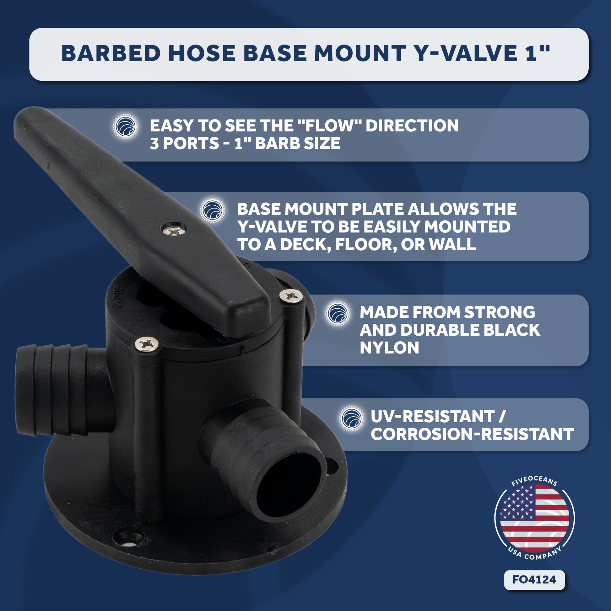 Base Mount Y-Valve with 1-Inch Barbed Hose Ports - FO4124 - Five Oceans