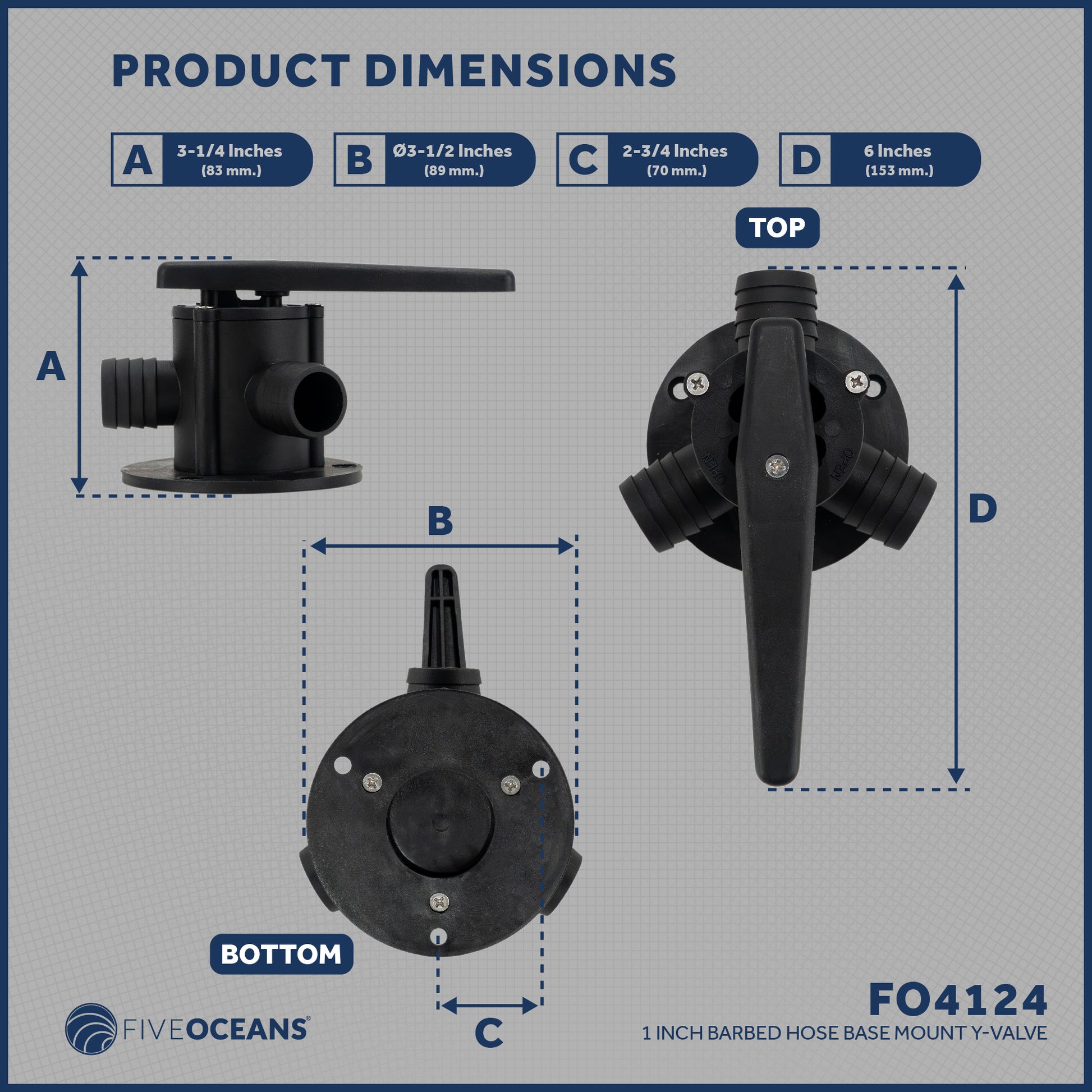 Base Mount Y-Valve with 1-Inch Barbed Hose Ports - FO4124 - Five Oceans