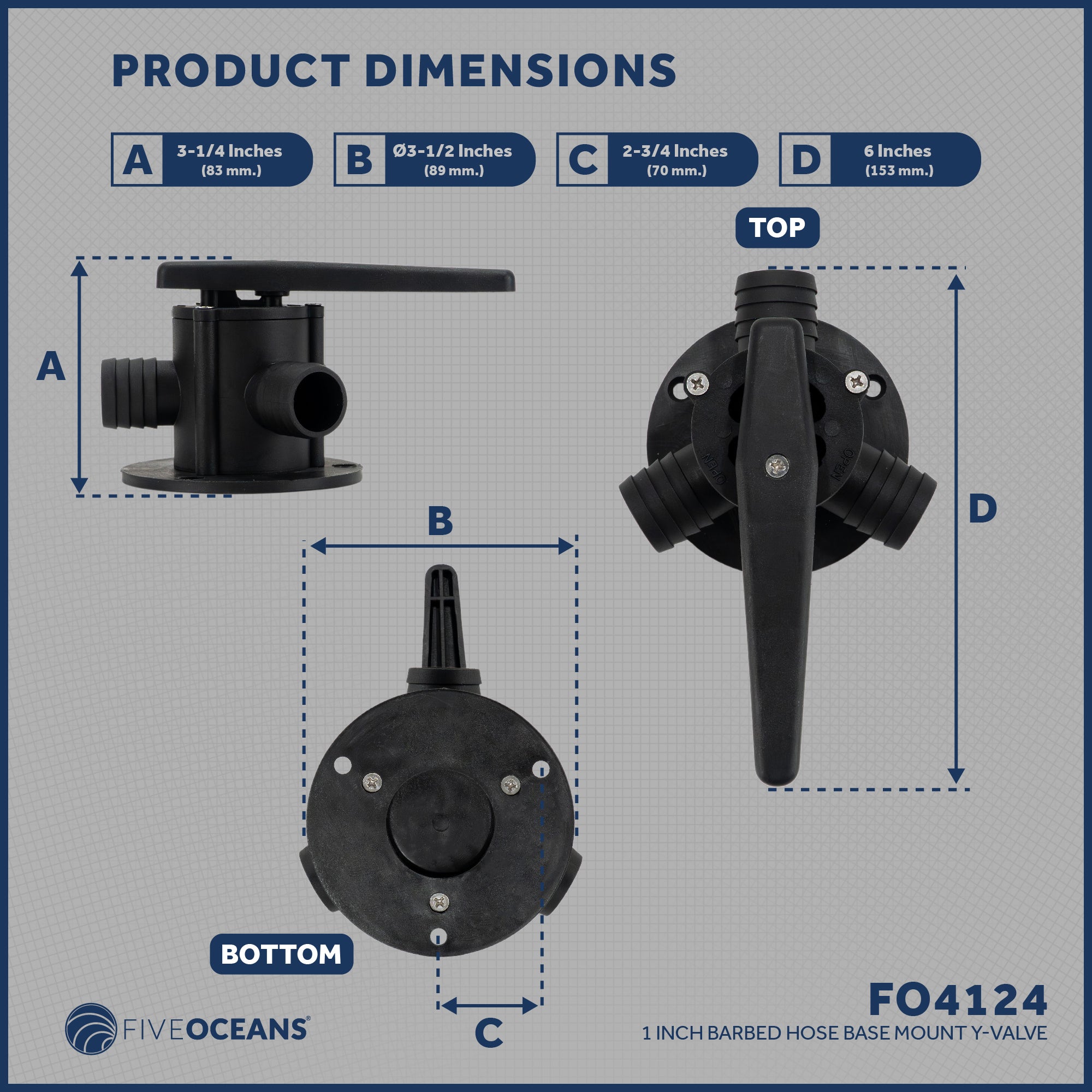 Base Mount Y-Valve with 1-Inch Barbed Hose Ports - FO4124 - Five Oceans