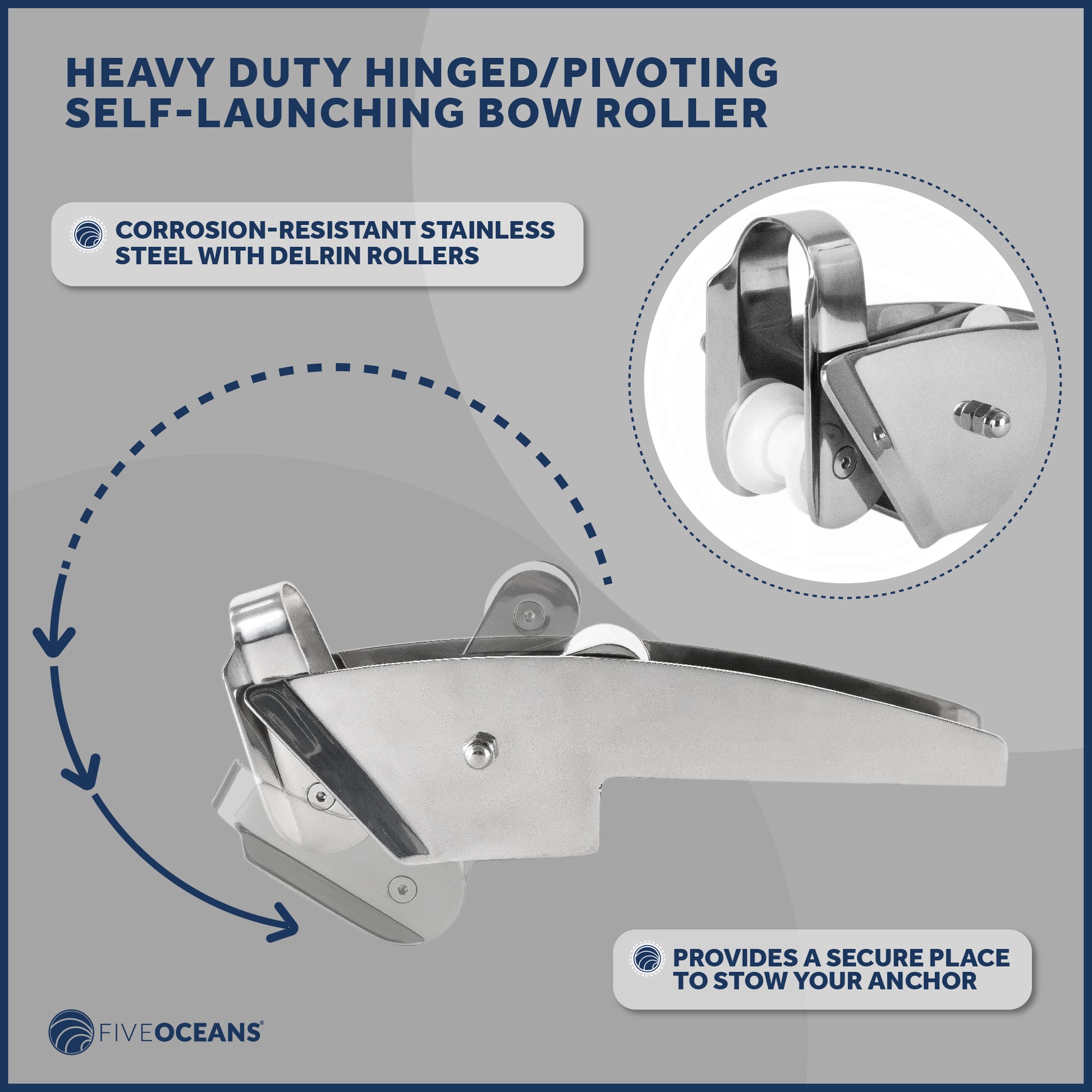 Pivoting Self-launching Anchor Bow Roller, Length 16-1/4", Stainless Steel - FO4184 - Five Oceans