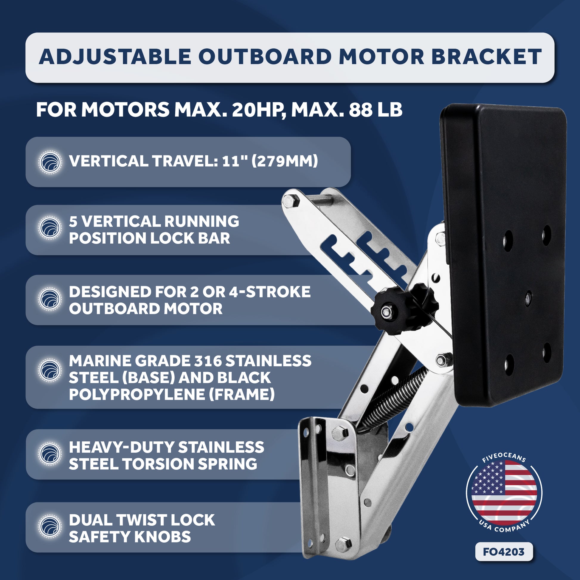 Adjustable Outboard Motor Bracket, Max. 20 Hp, Max. 88 Lb, 11-Inch of Travel, 316 Stainless Steel, Black Board - FO4204 - Five Oceans