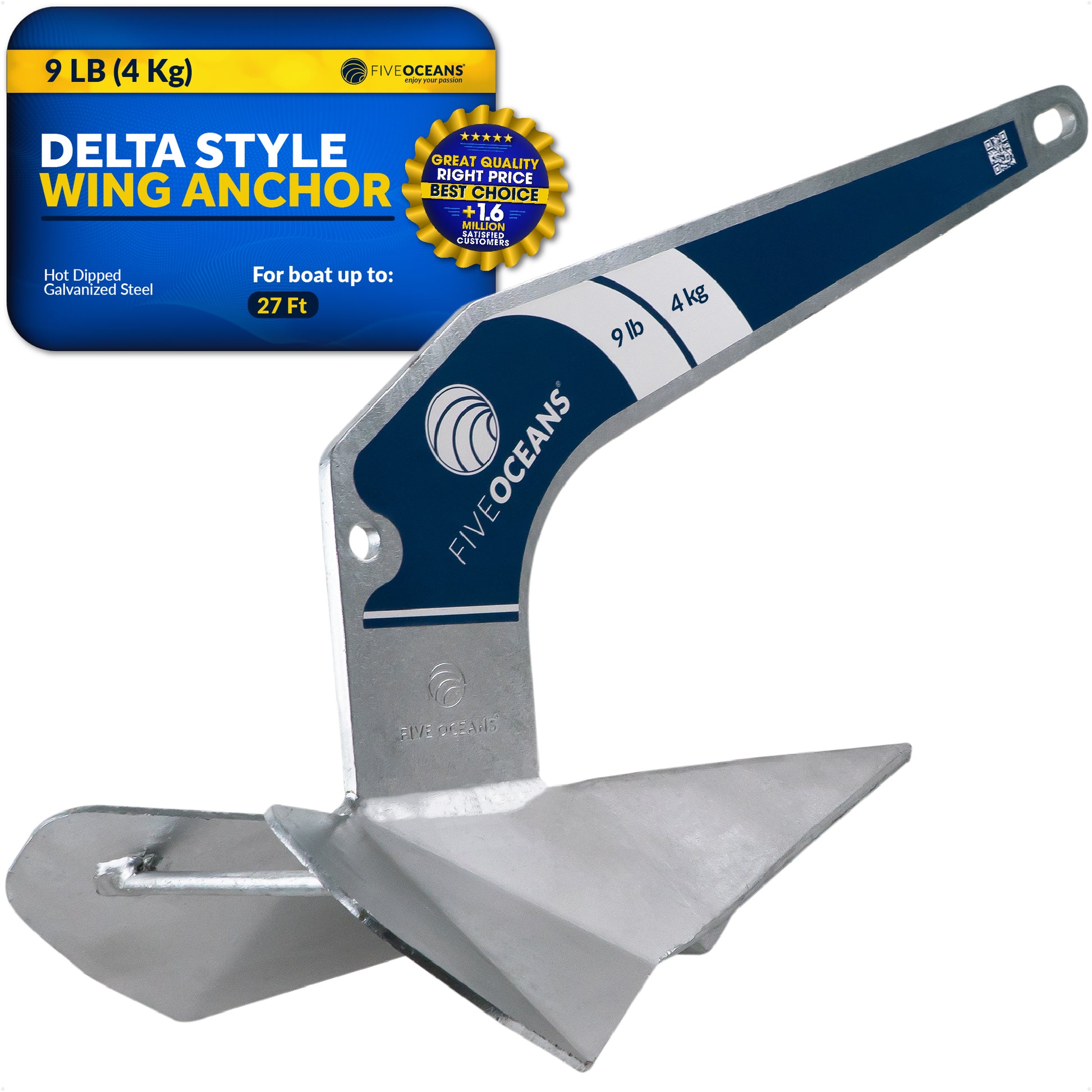 9 Lb Delta Style Wing Anchor, Hot Dipped Galvanized Steel - FO4213 - Five Oceans
