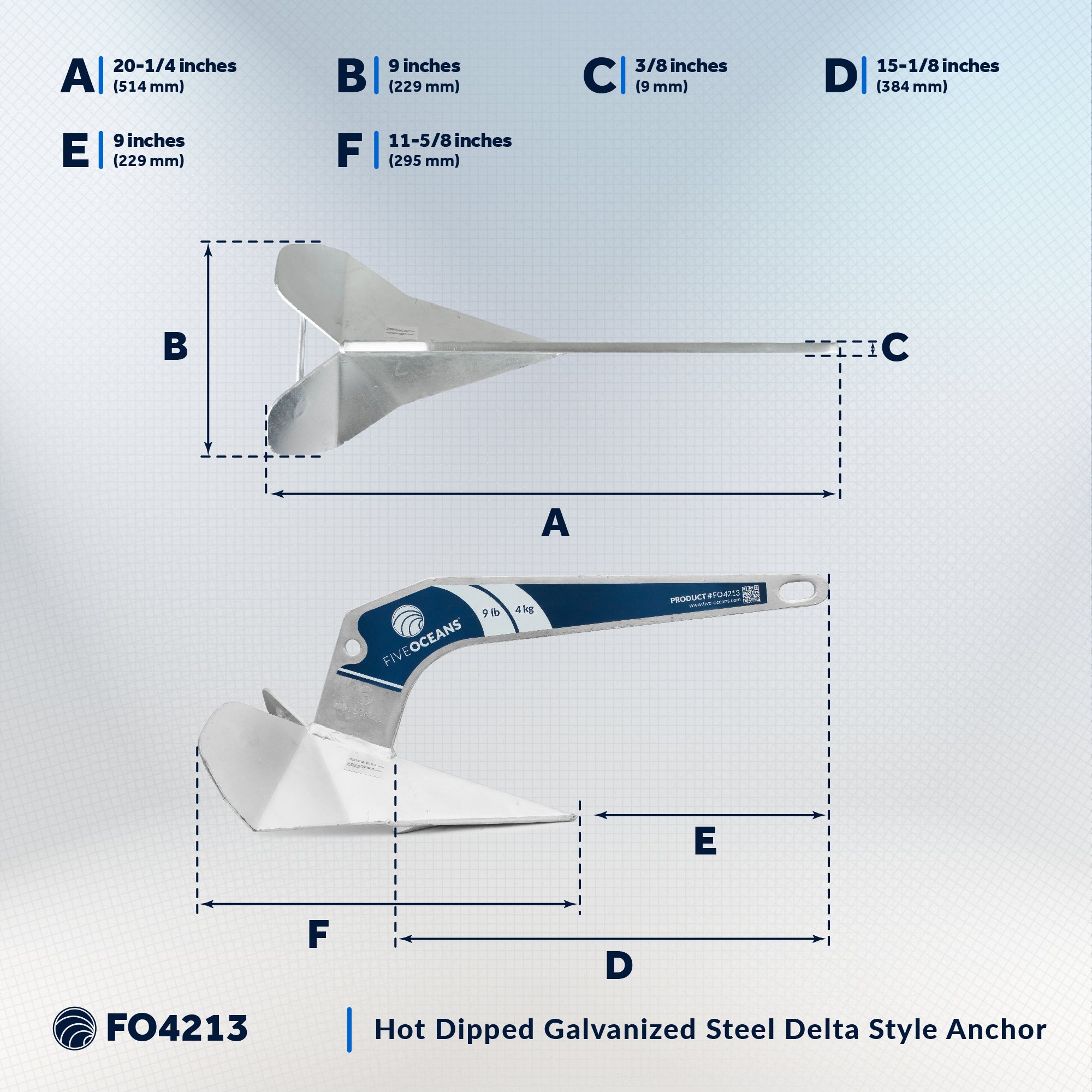 9 Lb Delta Style Wing Anchor, Hot Dipped Galvanized Steel - FO4213 - Five Oceans