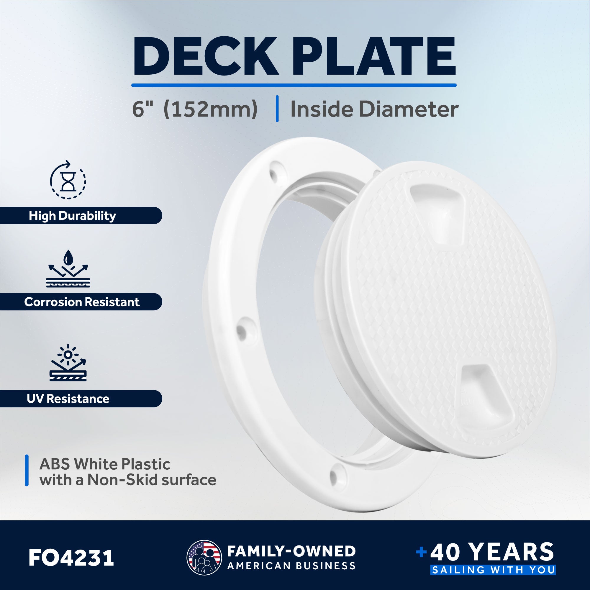6" Deck Plate, Round Screw-in, Non-slip, White - Premium Series - FO4231