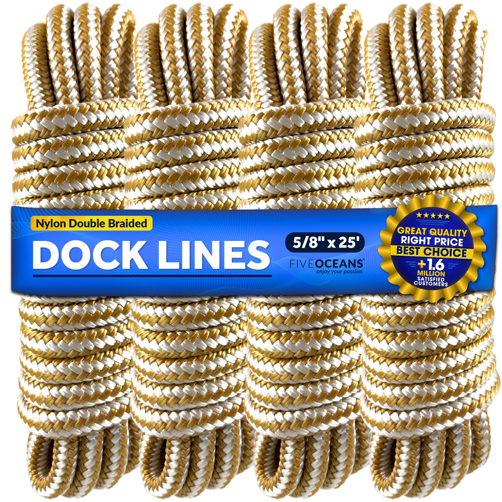 Dock Lines, 5/8" x 25', Gold/White Nylon Double Braided with 16" Eyelet, 4-pack - FO4276-M4 - Five Oceans
