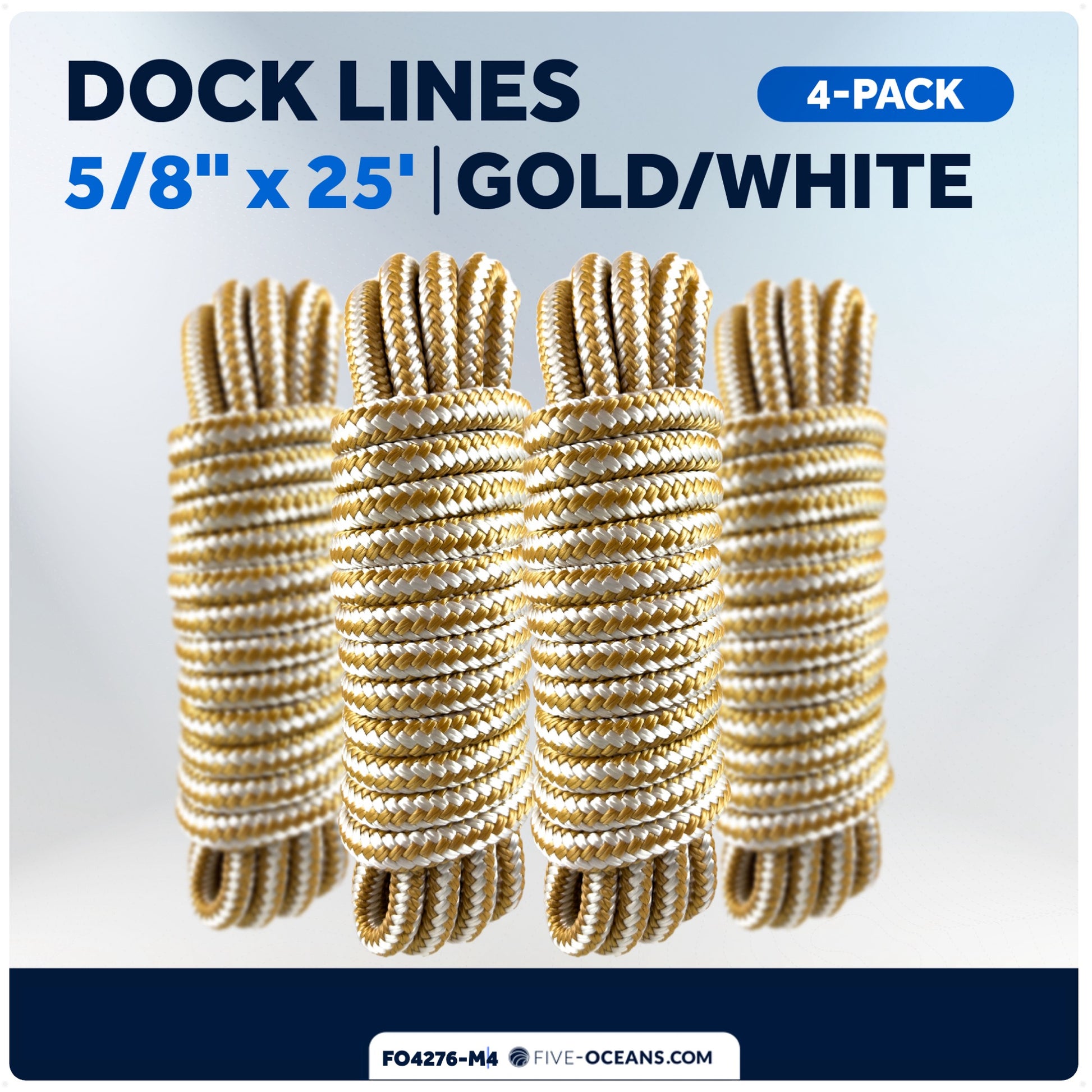 Dock Lines, 5/8" x 25', Gold/White Nylon Double Braided with 16" Eyelet, 4-pack - FO4276-M4 - Five Oceans