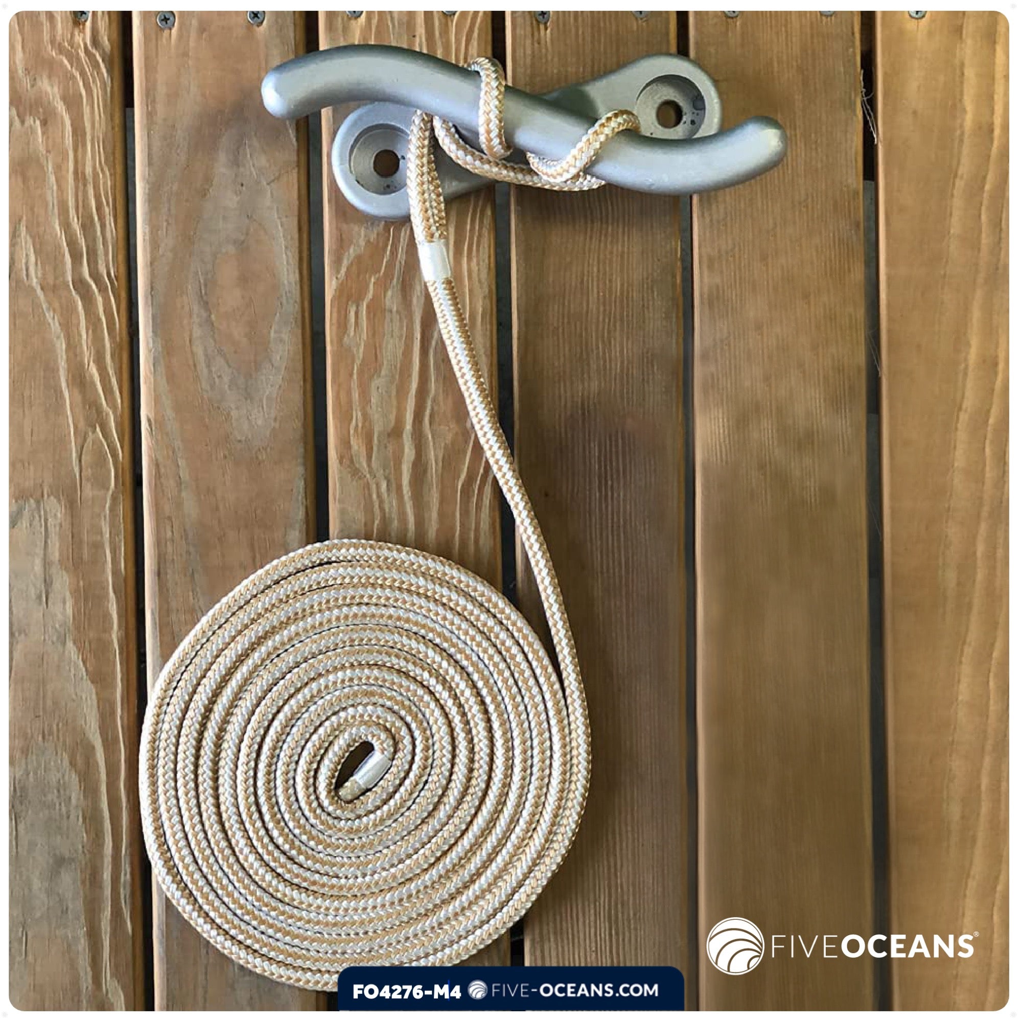 Dock Lines, 5/8" x 25', Gold/White Nylon Double Braided with 16" Eyelet, 4-pack - FO4276-M4 - Five Oceans