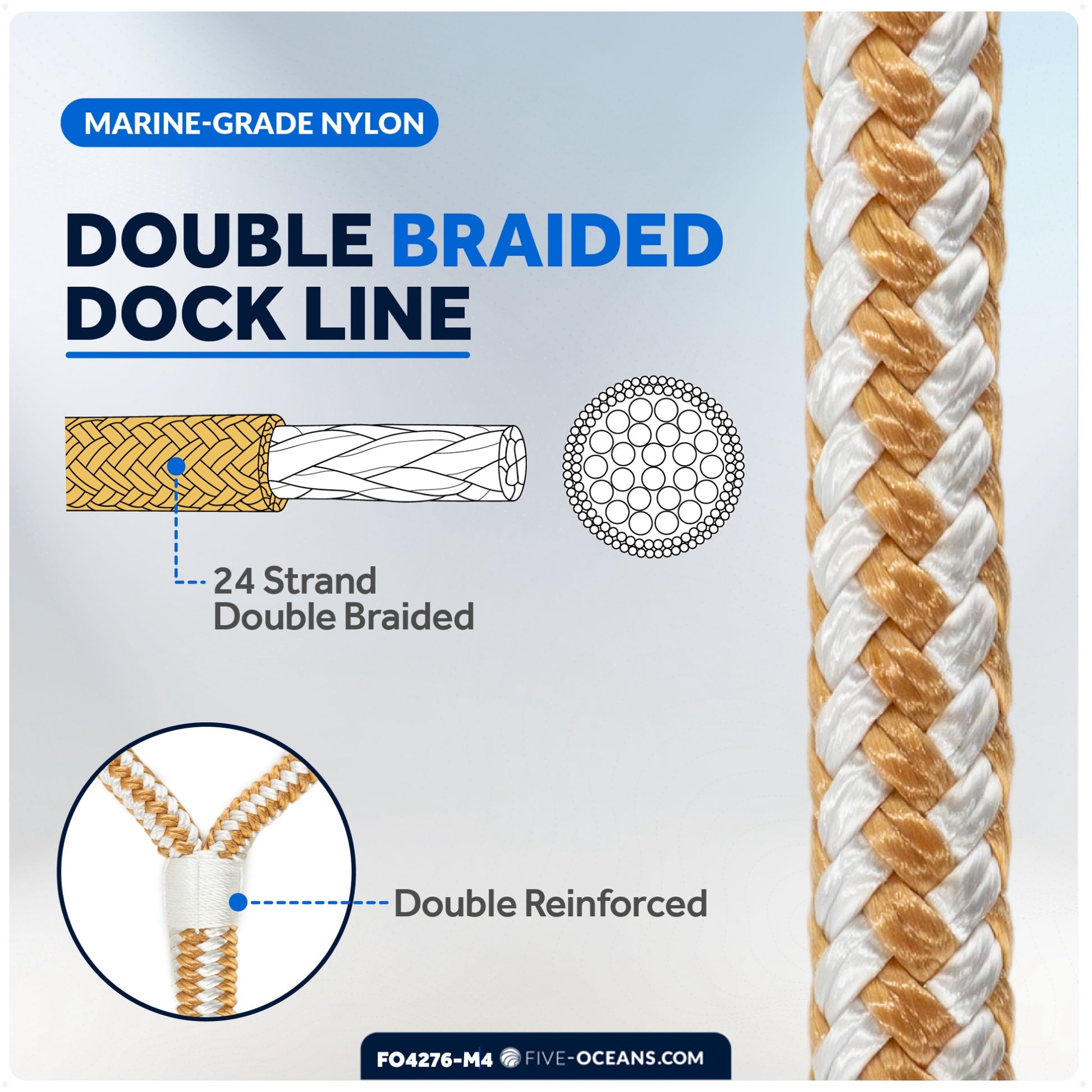 Dock Lines, 5/8" x 25', Gold/White Nylon Double Braided with 16" Eyelet, 4-pack - FO4276-M4 - Five Oceans
