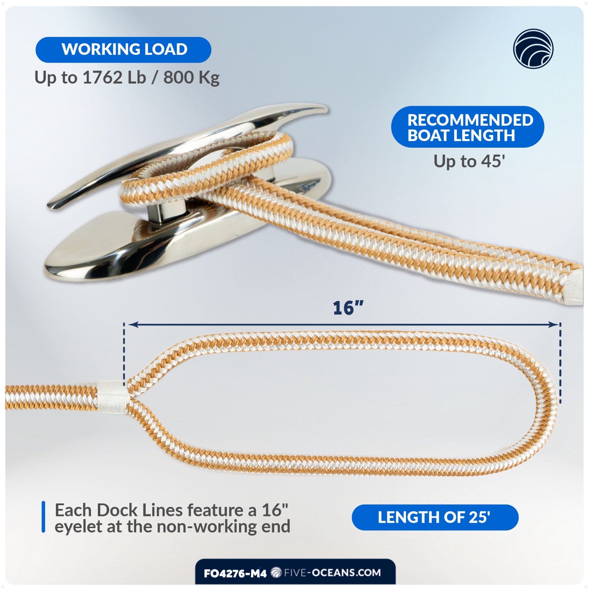 Dock Lines, 5/8" x 25', Gold/White Nylon Double Braided with 16" Eyelet, 4-pack - FO4276-M4 - Five Oceans