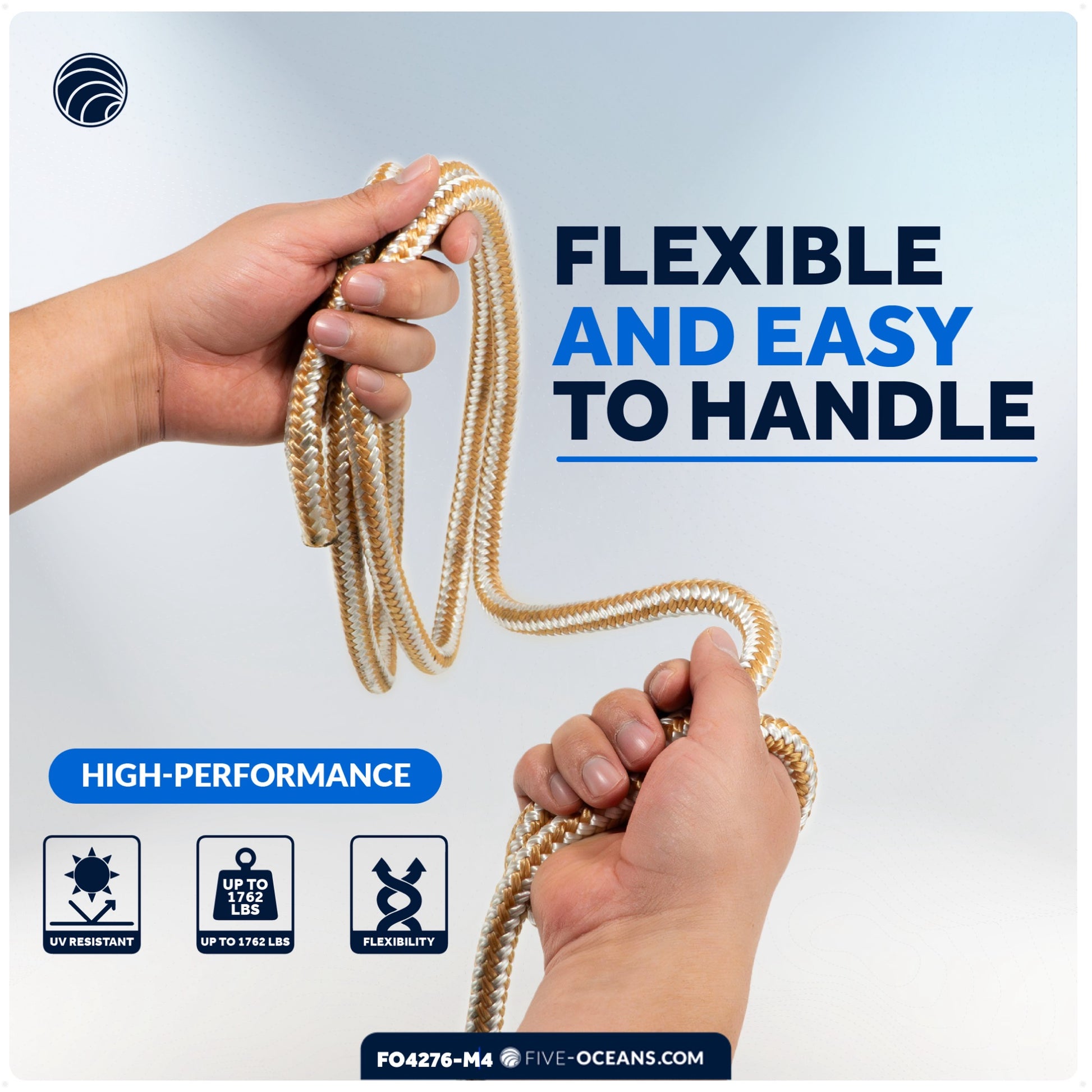 Dock Lines, 5/8" x 25', Gold/White Nylon Double Braided with 16" Eyelet, 4-pack - FO4276-M4 - Five Oceans