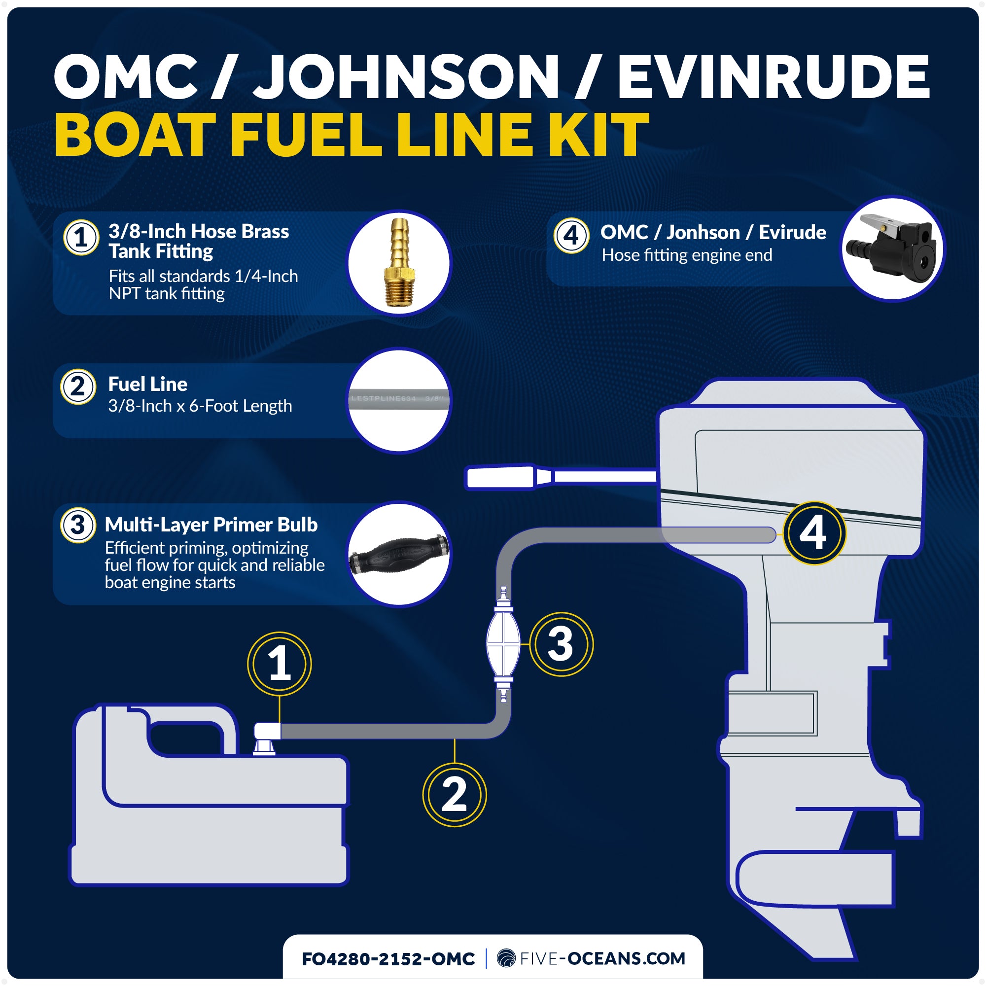 Marine Boat Fuel Line Kit for OMC/Johnson/Evinrude Outboards, 3/8" x 6', EPA/CARB Approved - FO4280-2152-OMC - Five Oceans