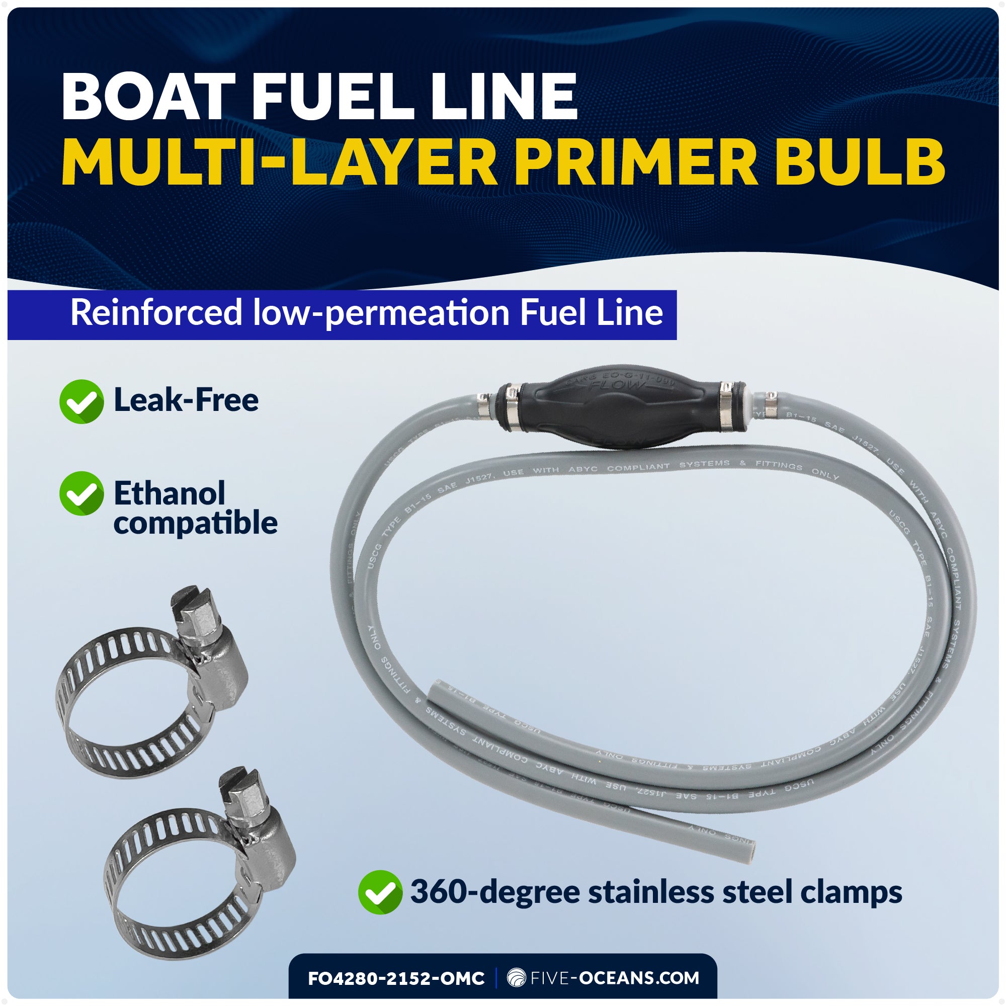 Marine Boat Fuel Line Kit for OMC/Johnson/Evinrude Outboards, 3/8" x 6', EPA/CARB Approved - FO4280-2152-OMC - Five Oceans