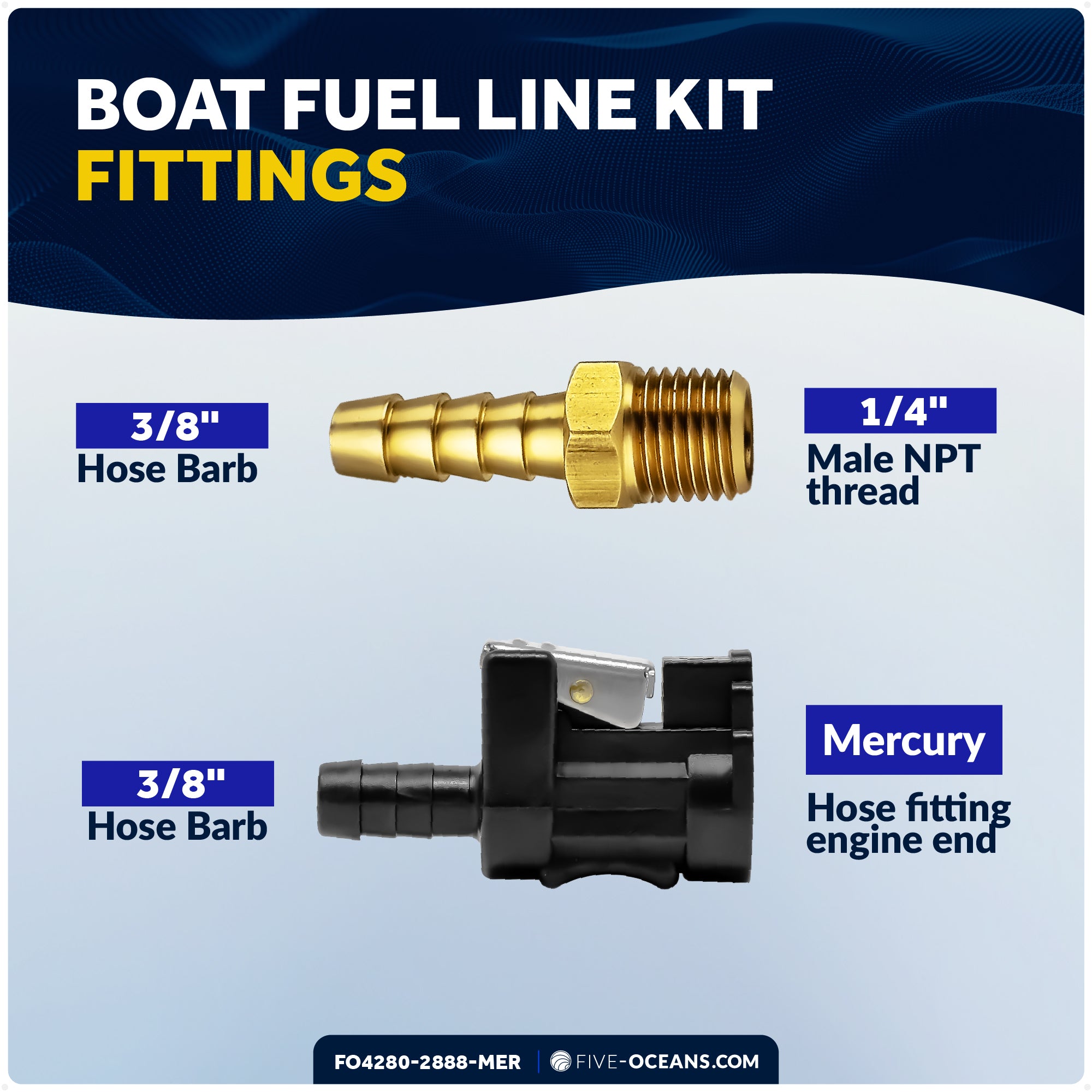 Marine Boat Fuel Line Kit for Mercury Outboards, 3/8" x 6', EPA/CARB Approved - FO4280-2888-MER - Five Oceans