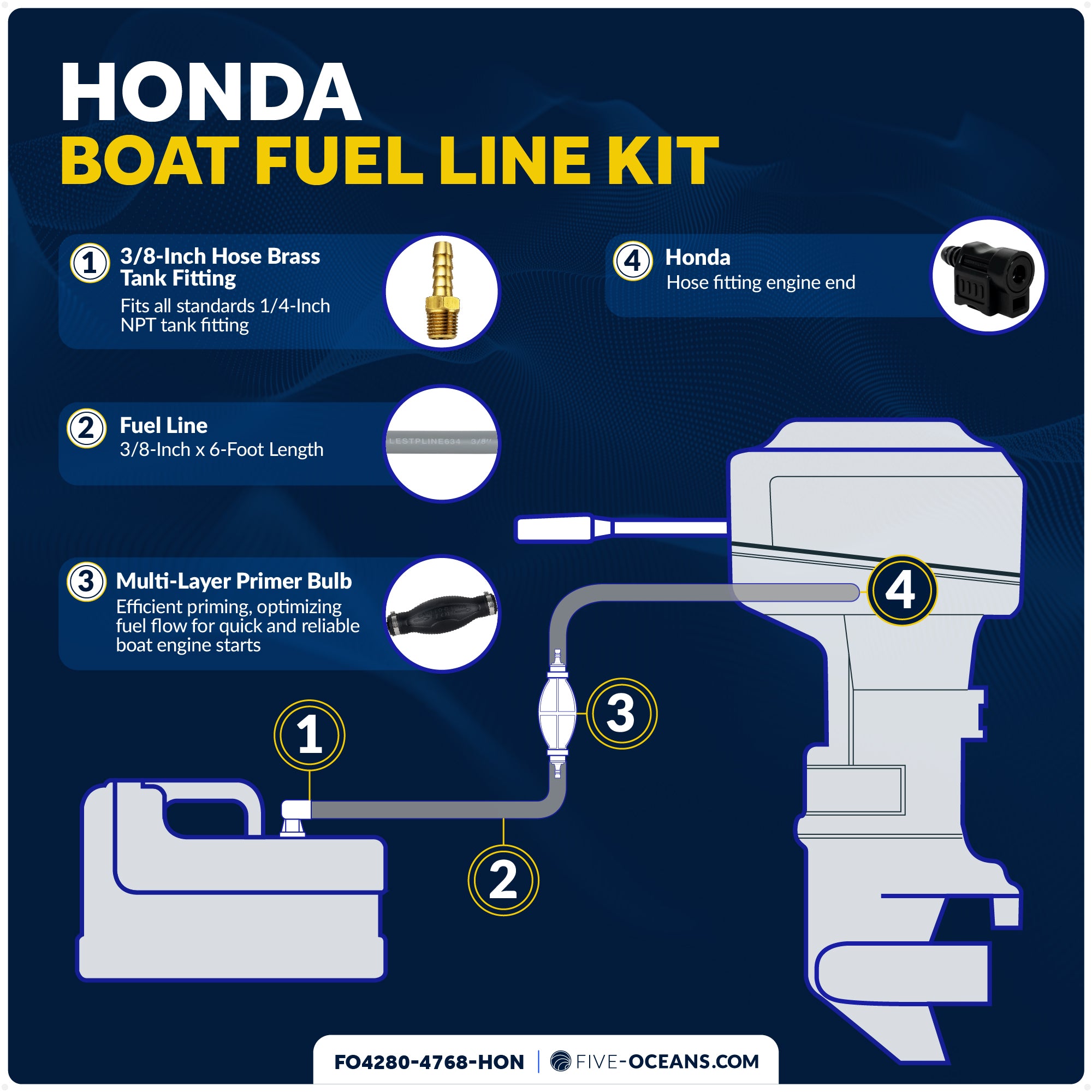 Marine Boat Fuel Line Kit for Honda Outboards, 3/8" x 6', EPA/CARB Approved - FO4280-4768-HON - Five Oceans