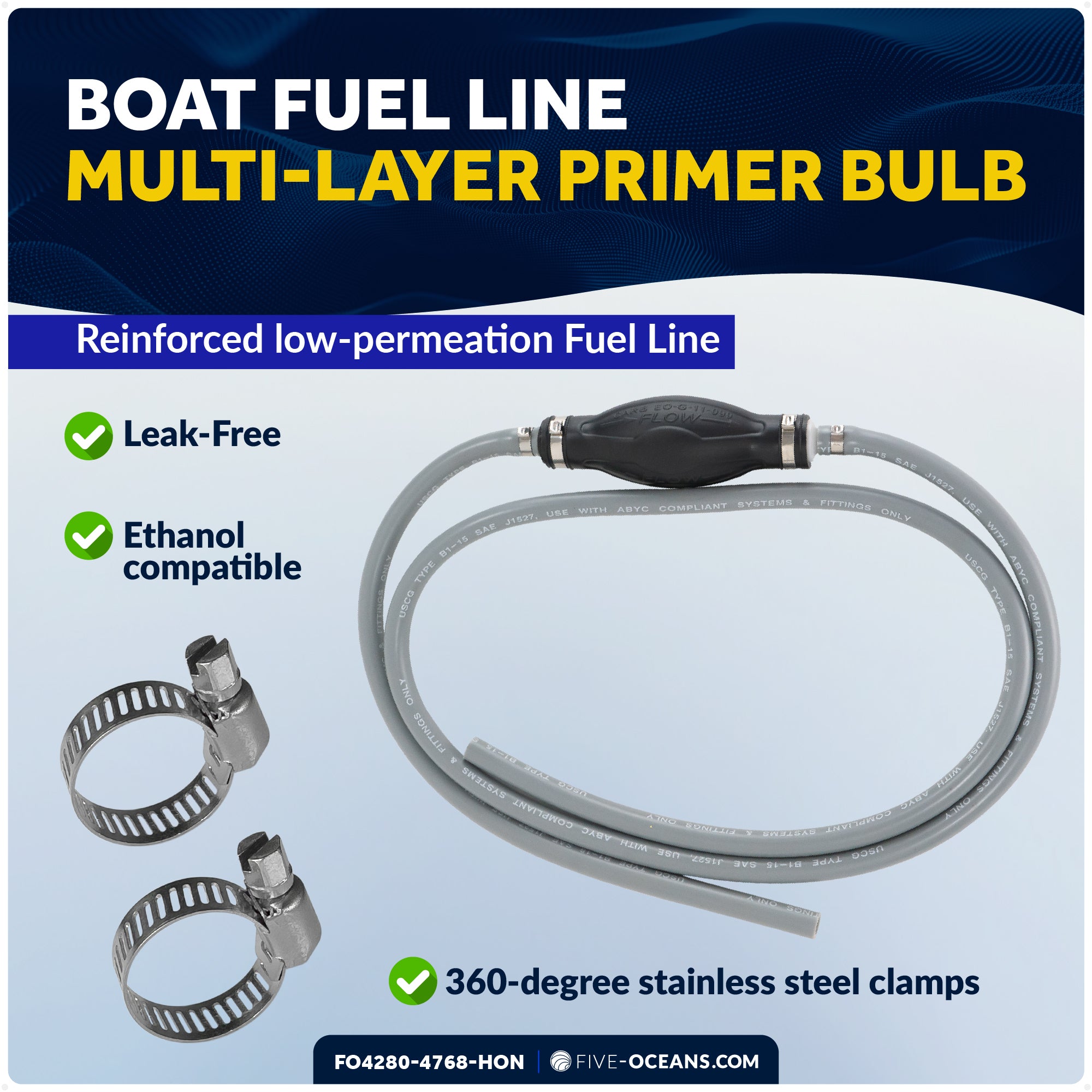Marine Boat Fuel Line Kit for Honda Outboards, 3/8" x 6', EPA/CARB Approved - FO4280-4768-HON - Five Oceans