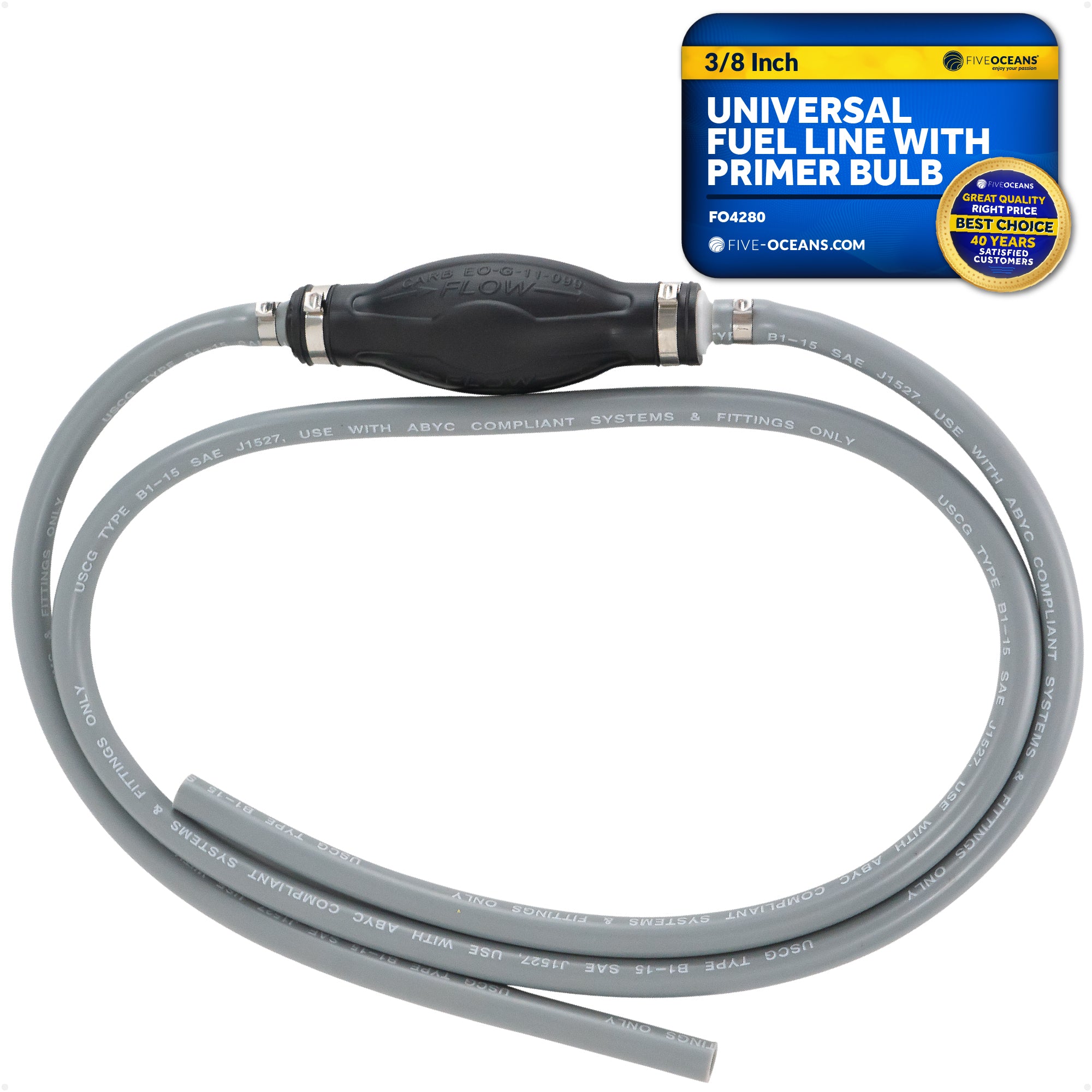 3/8" Universal Outboard Fuel Line with Primer Bulb, 6-Foot Long, 6' Long, EPA/CARB - FO4280 - Five Oceans