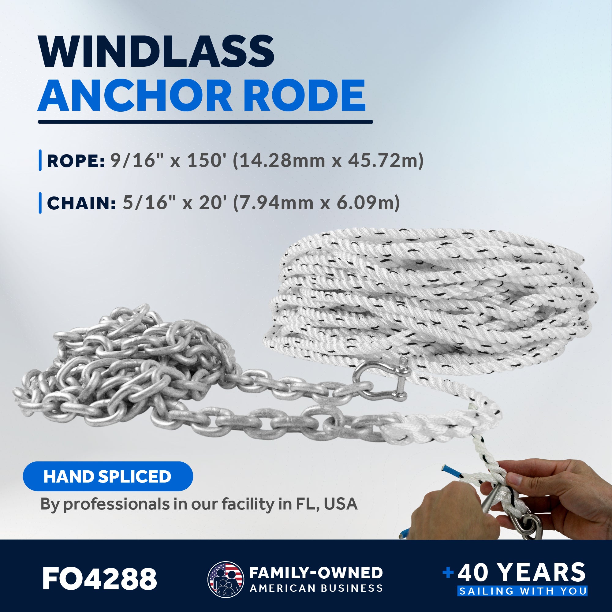 Windlass Anchor Rode, 9/16" x 150' Nylon 3-Strand Rope, 5/16" x 20' G4 Hot-Dipped Galvanized Steel Chain - FO4288