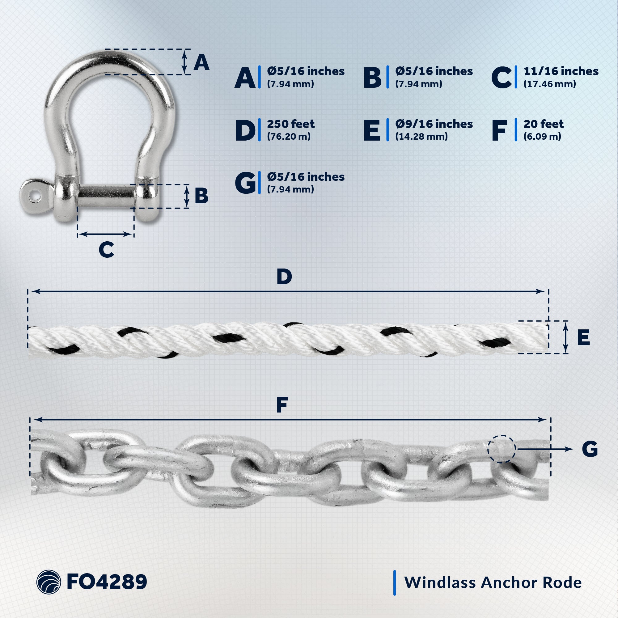 Windlass Anchor Rode, 9/16" x 250' Nylon 3-Strand Rope - 5/16" x 20' G4 Hot-Dipped Galvanized Steel Chain - FO4289