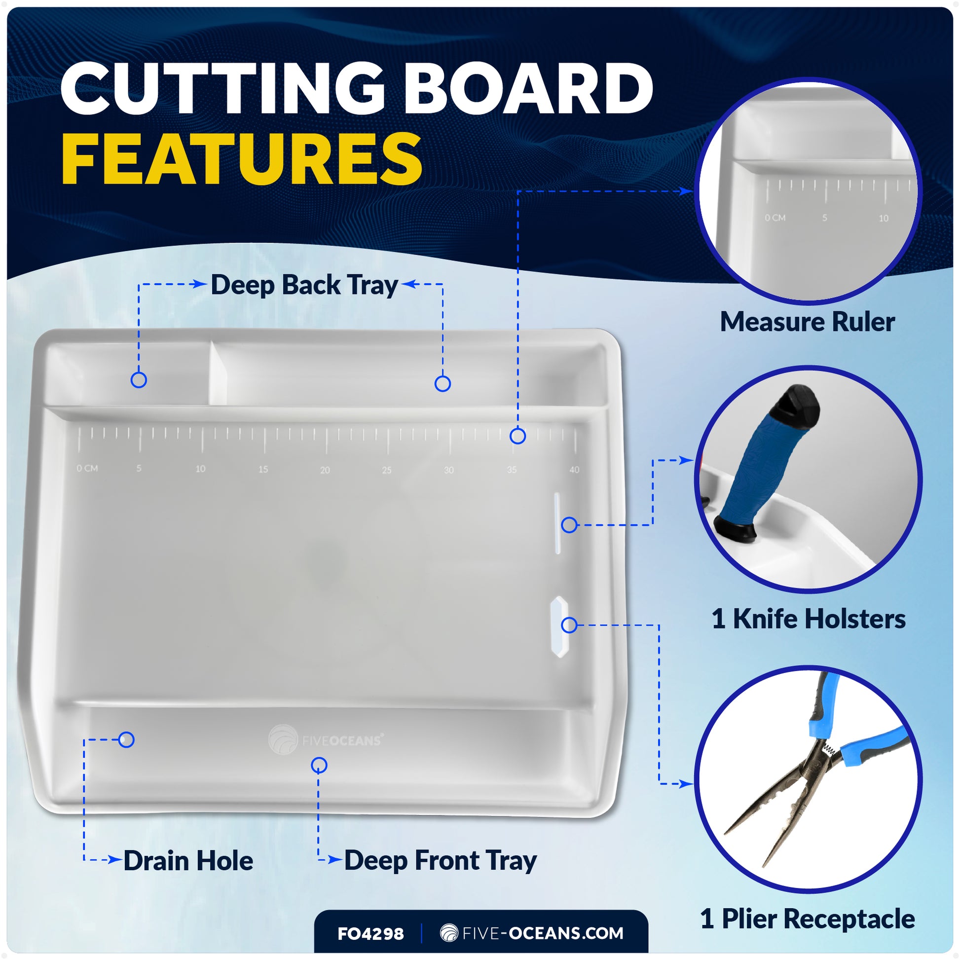 Deluxe Bait Cutting Board, 17"x14", Rod Holder Mount - FO4298 - Five Oceans