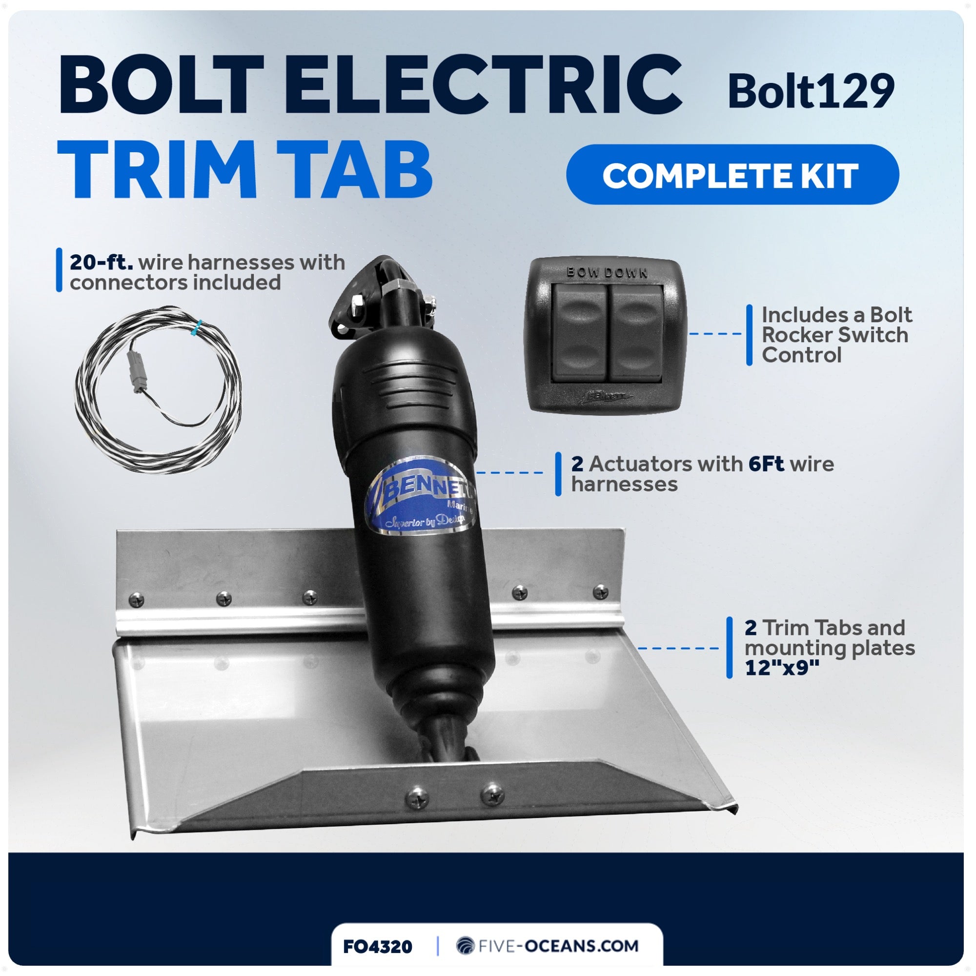 Bolt Electric Trim Tab System 12" x 9", Complete Kit BOLT129, 12V DC - FO4320 - Five Oceans