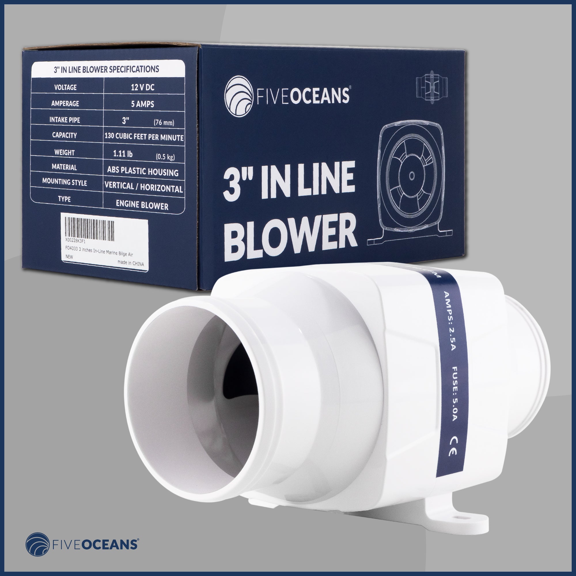 In-Line Bilge Blower, for 3" Interior Diameter Vent, Water Resistant, 12V - FO4333 - Five Oceans