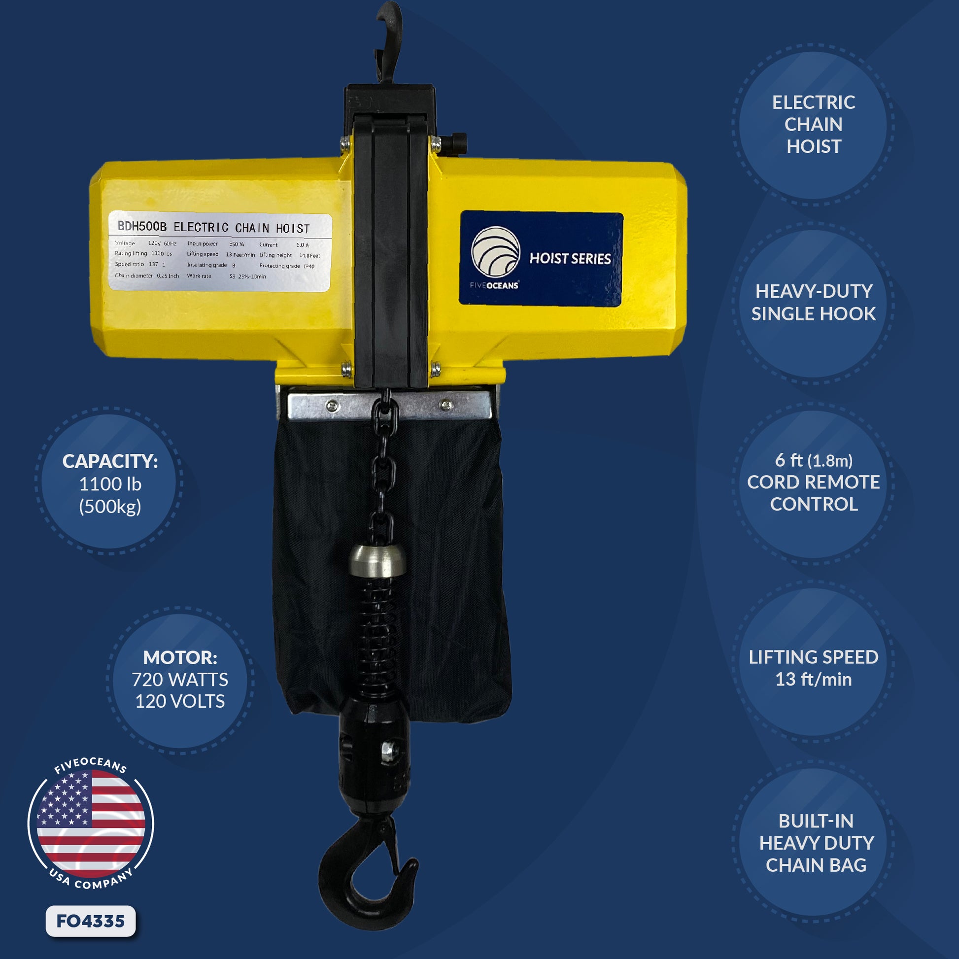 Electric Chain Hoist, 1100LBS / 500KG,  6 FT Remote Control, 120 V - FO4335 - Five Oceans