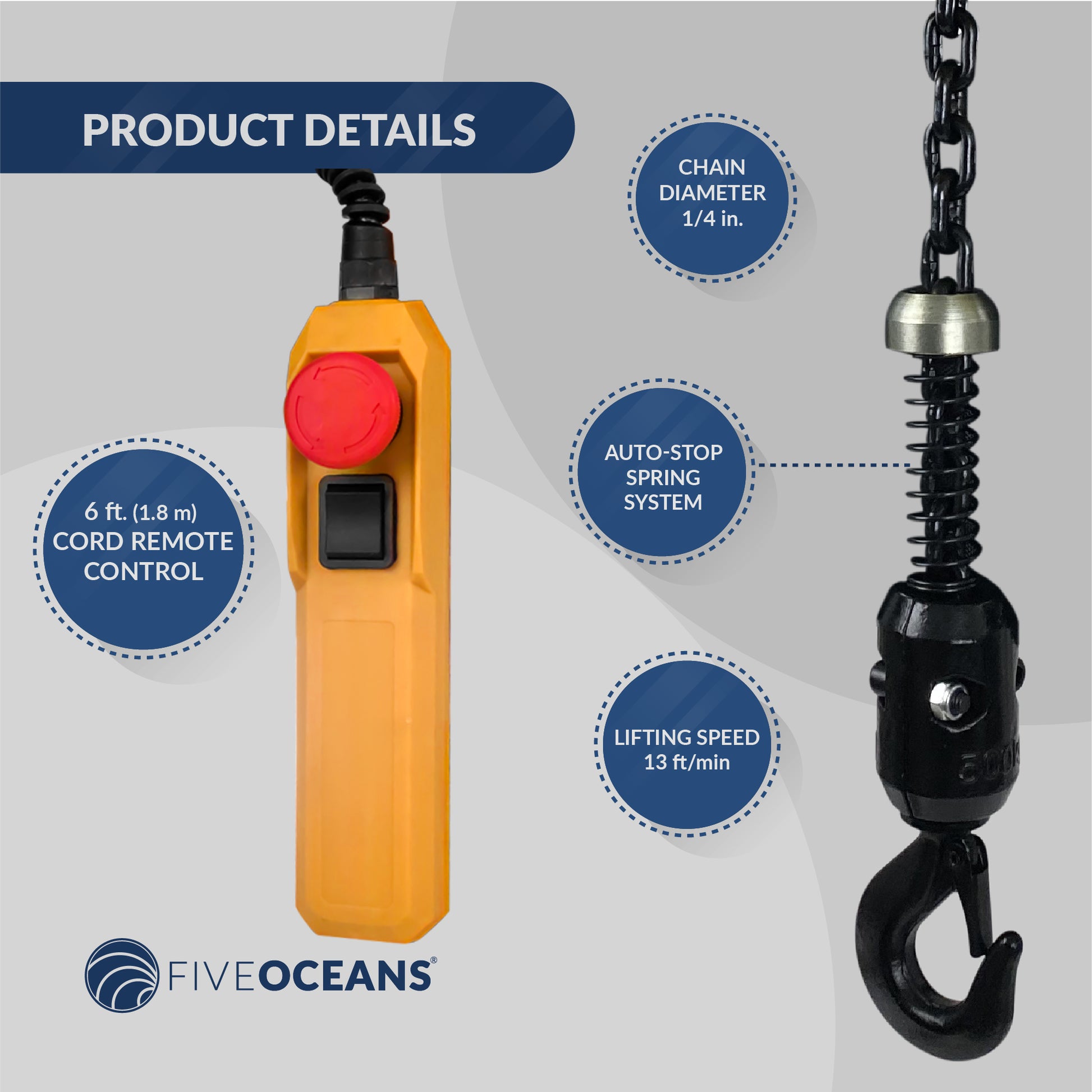 Electric Chain Hoist, 1100LBS / 500KG,  6 FT Remote Control, 120 V - FO4335 - Five Oceans