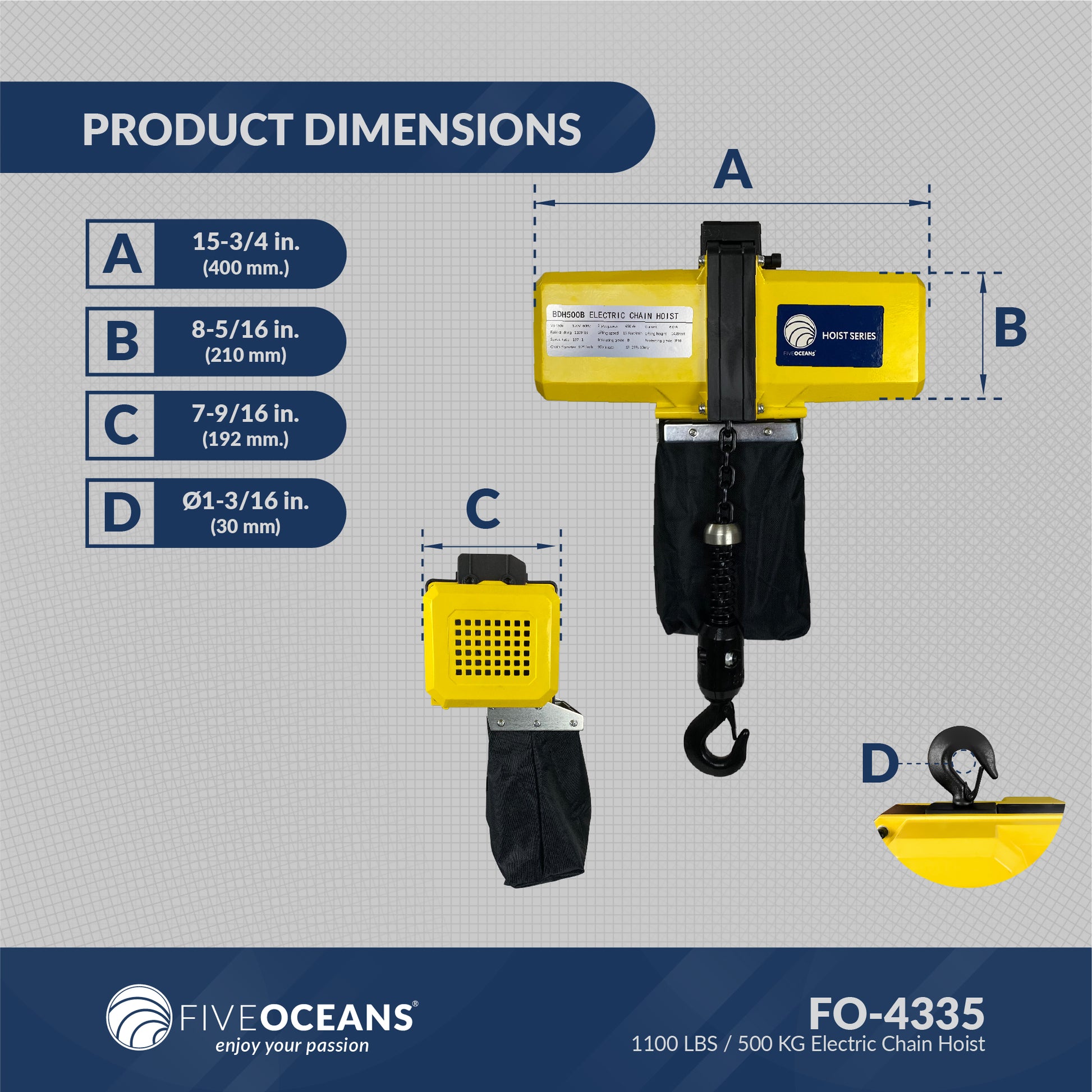 Electric Chain Hoist, 1100LBS / 500KG,  6 FT Remote Control, 120 V - FO4335 - Five Oceans