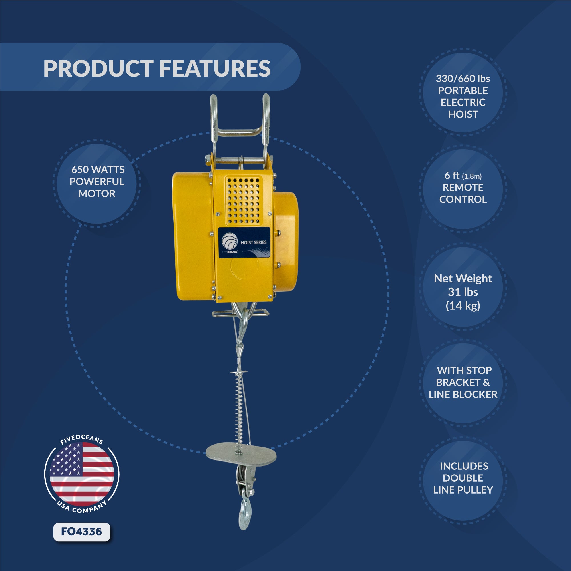Portable Electric Hoist, Winch, 660 LBS / 300 KG, 6FT Remote Control - FO4336 - Five Oceans