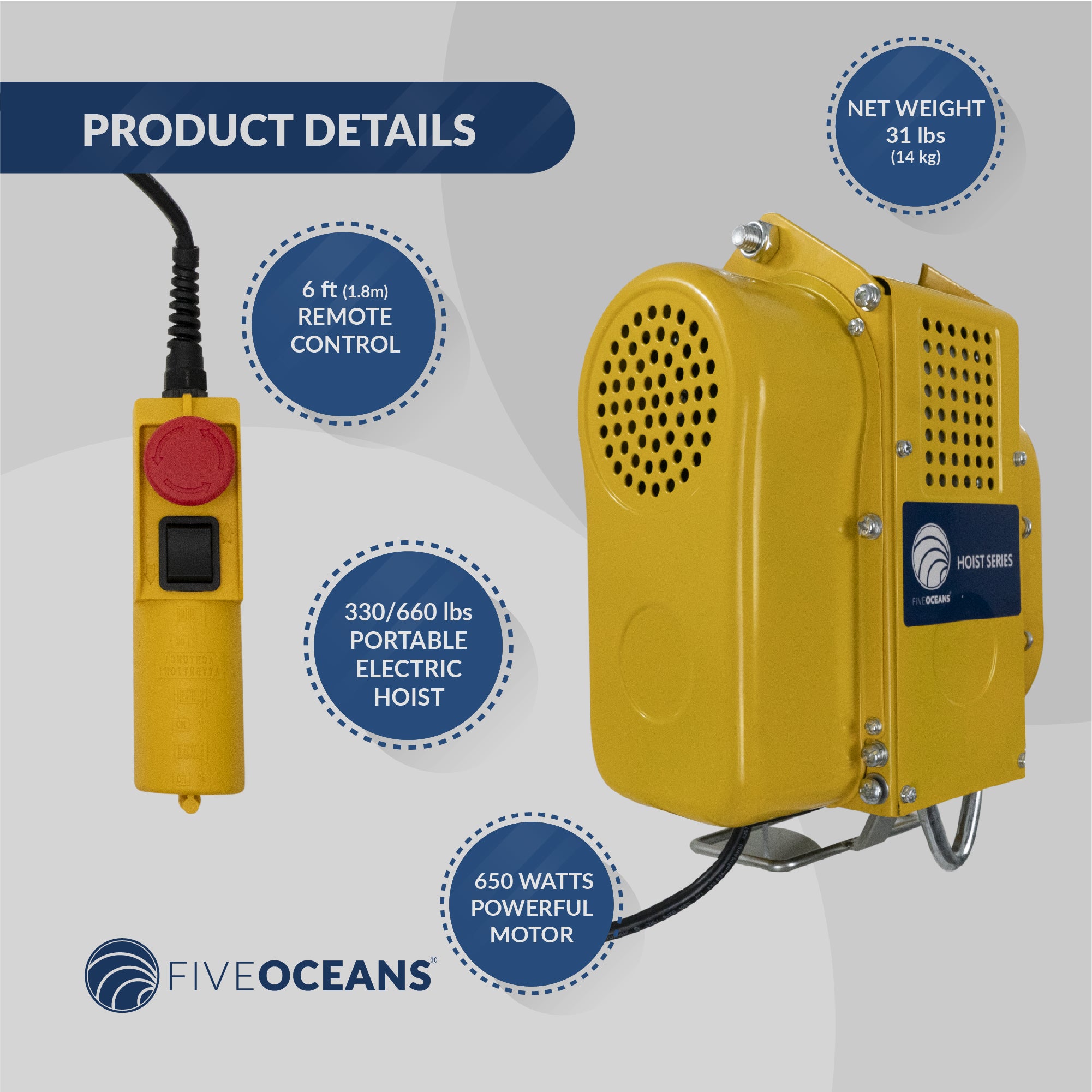 Portable Electric Hoist, Winch, 660 LBS / 300 KG, 6FT Remote Control - FO4336 - Five Oceans