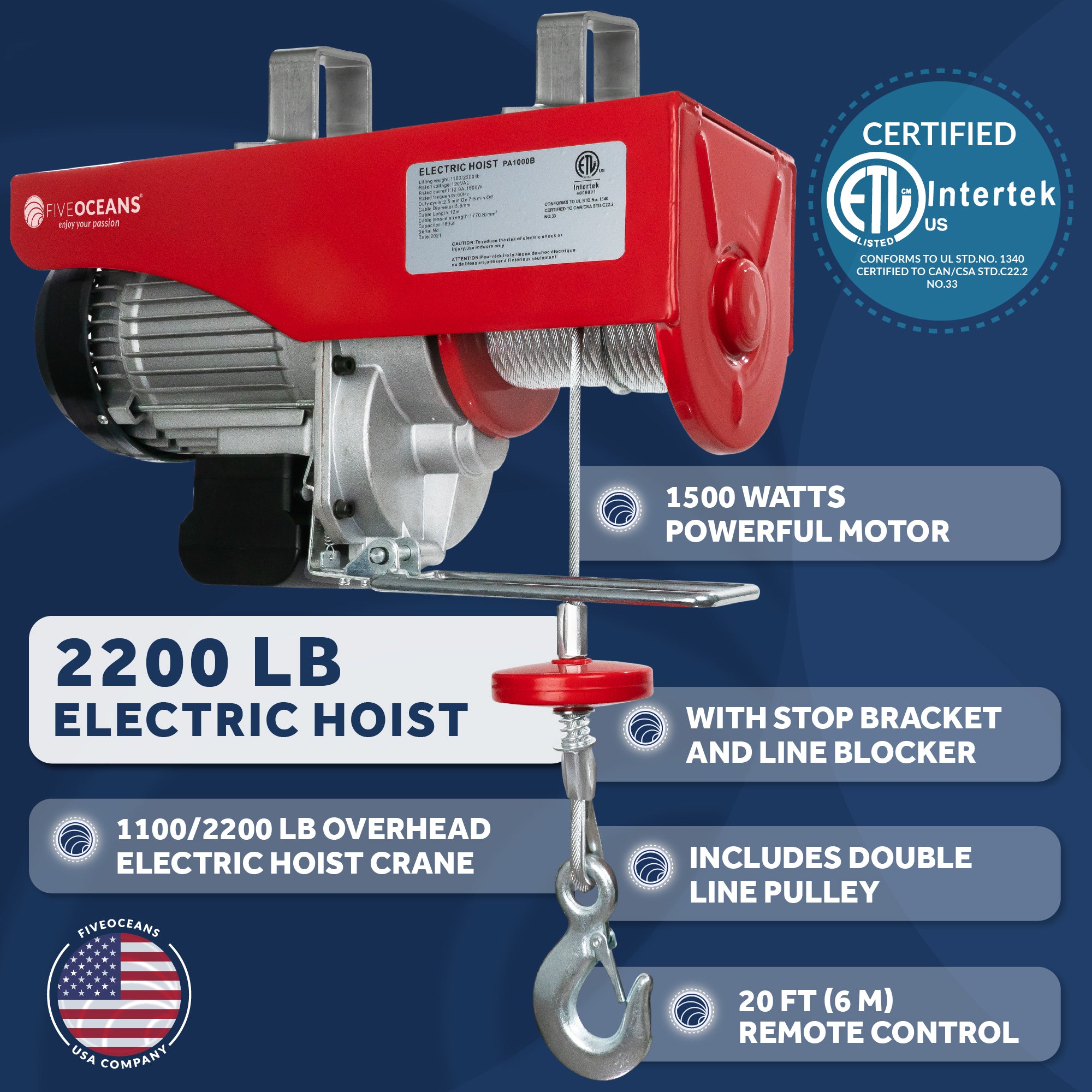 Electric Hoist, 2200 Lb Electric Winch, 20FT Remote Control 120 Volts - FO4339 - Five Oceans