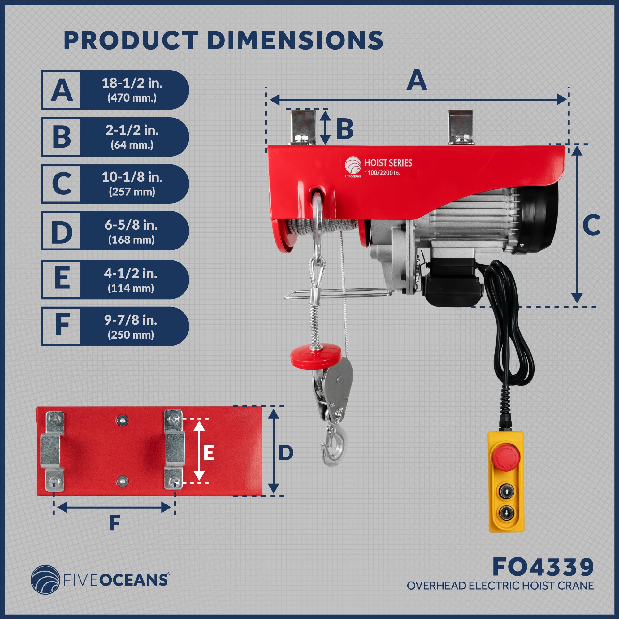 Electric Hoist, 2200 Lb Electric Winch, 20FT Remote Control 120 Volts - FO4339 - Five Oceans