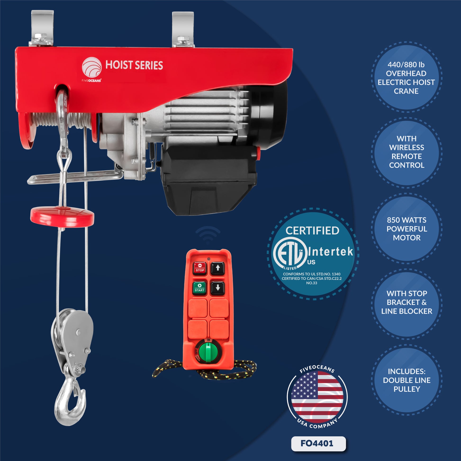 Electric Hoist, 880 Lb Electric Winch, Wireless Remote Control 110V - FO4401 - Five Oceans