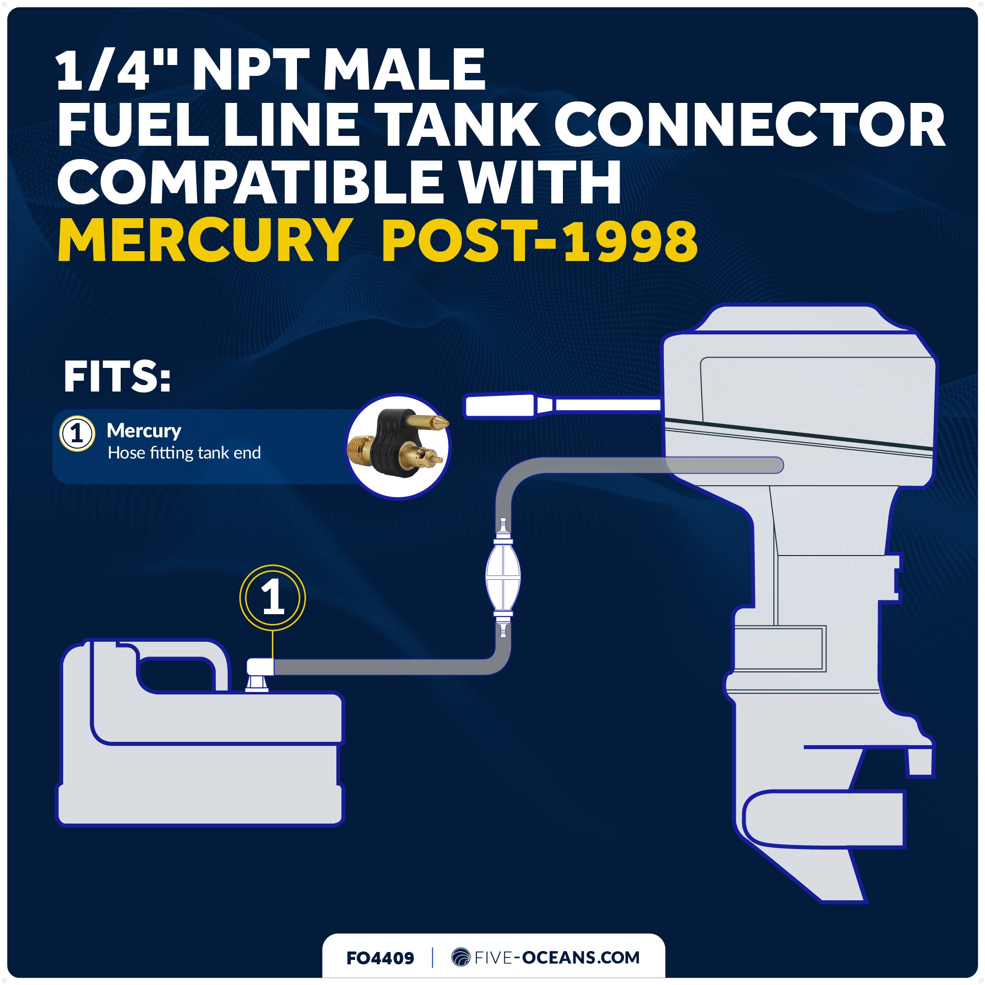 1/4" Male Fuel Tank Connector for Mercury Female Fitting Tank End Post-1998, 2-Prong, Brass - FO4409