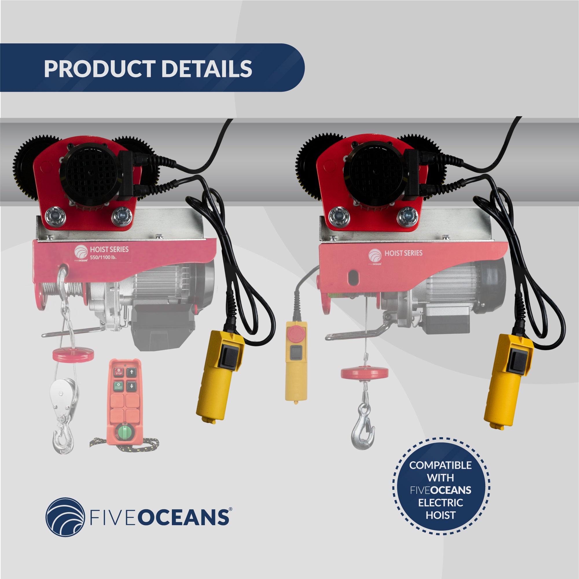 Electric Hoist Trolley Up to 2200 lb (1 ton), 6 ft Remote Control, 120 Volts / 60 hz, 220 W power - FO4412 - Five Oceans