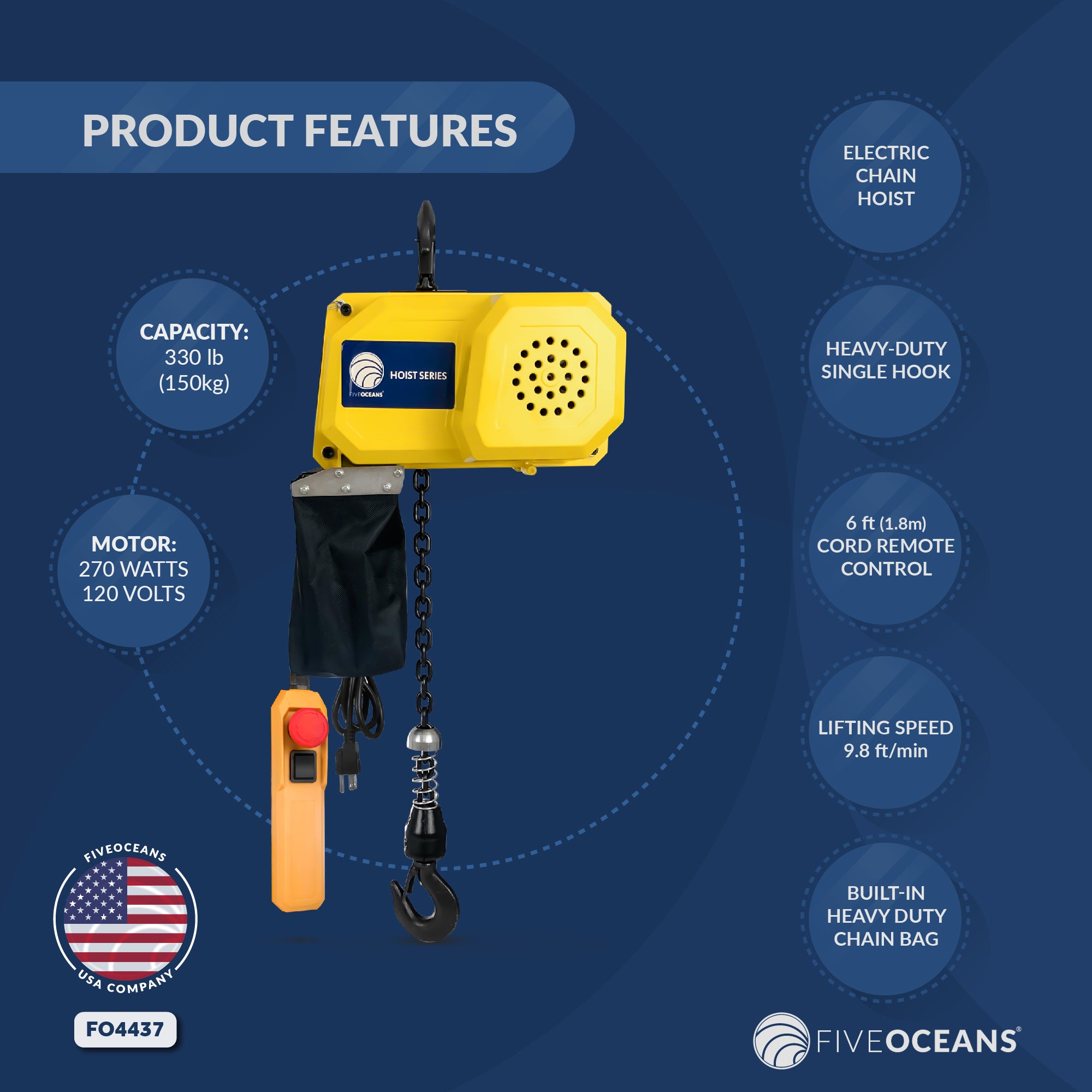 Electric Chain Hoist 330LBS / 150KG, 6 FT Remote Control, 120 V / 60 HZ - FO4437 - Five Oceans