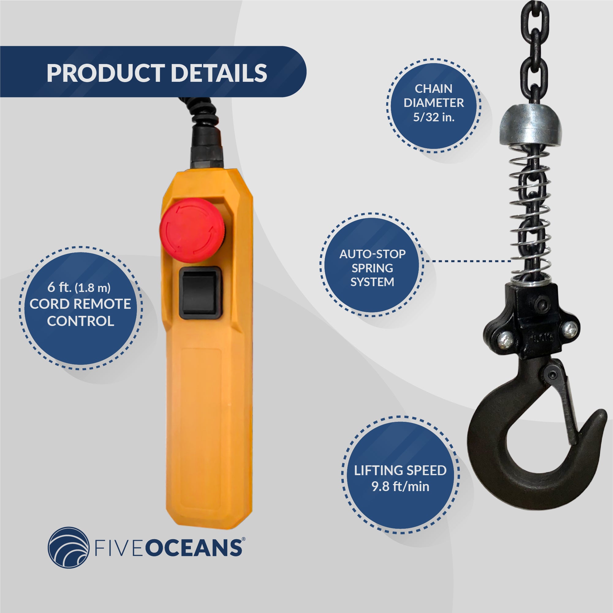 Electric Chain Hoist 330LBS / 150KG, 6 FT Remote Control, 120 V / 60 HZ - FO4437 - Five Oceans