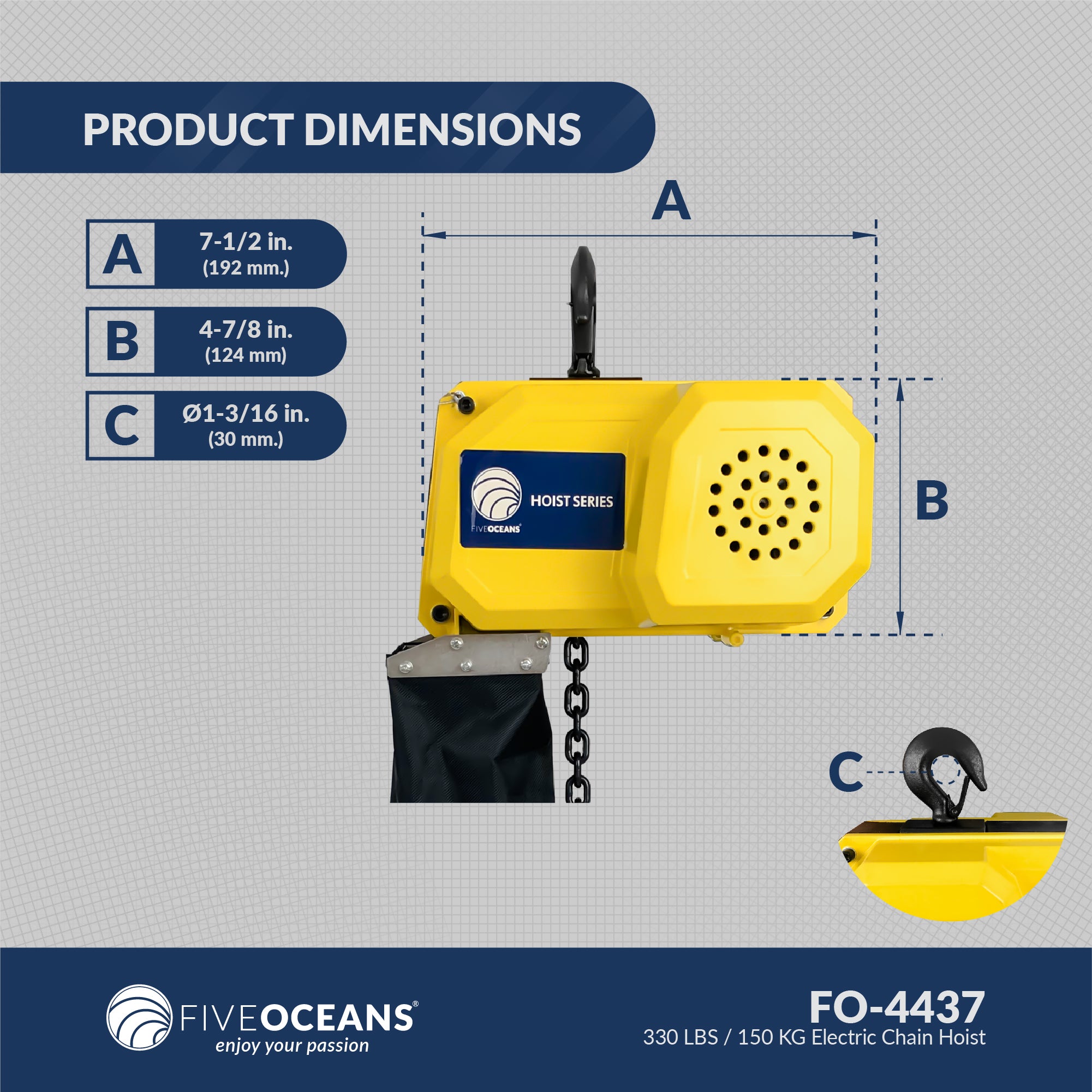Electric Chain Hoist 330LBS / 150KG, 6 FT Remote Control, 120 V / 60 HZ - FO4437 - Five Oceans