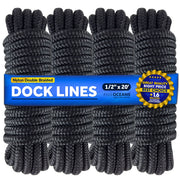 Dock Lines, 1/2" x 20', Black Nylon Double Braided with 12" Eyelet, 4-Pack - FO4451-M4 - Five Oceans