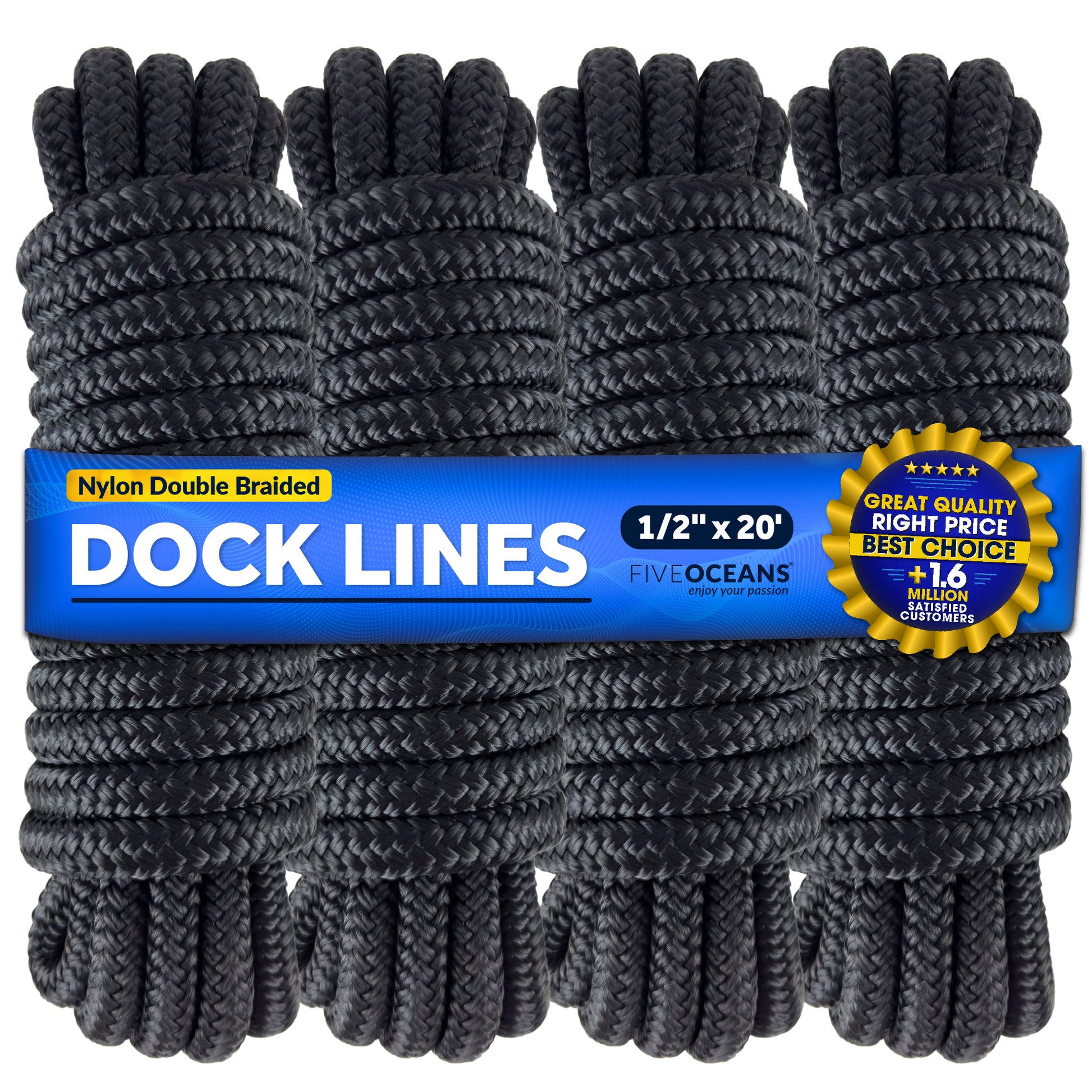 Dock Lines, 1/2" x 20', Black Nylon Double Braided with 12" Eyelet, 4-Pack - FO4451-M4 - Five Oceans
