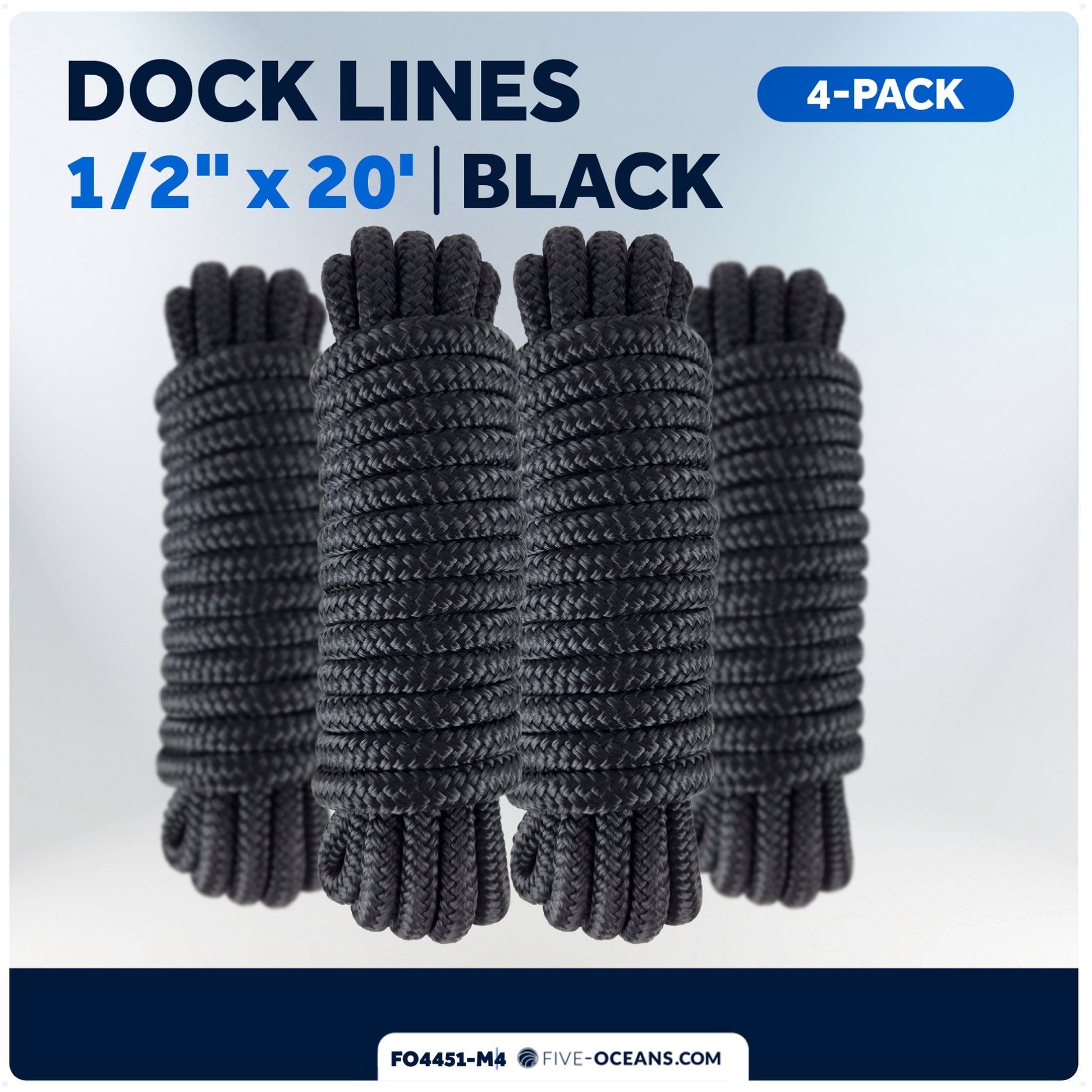Dock Lines, 1/2" x 20', Black Nylon Double Braided with 12" Eyelet, 4-Pack - FO4451-M4 - Five Oceans