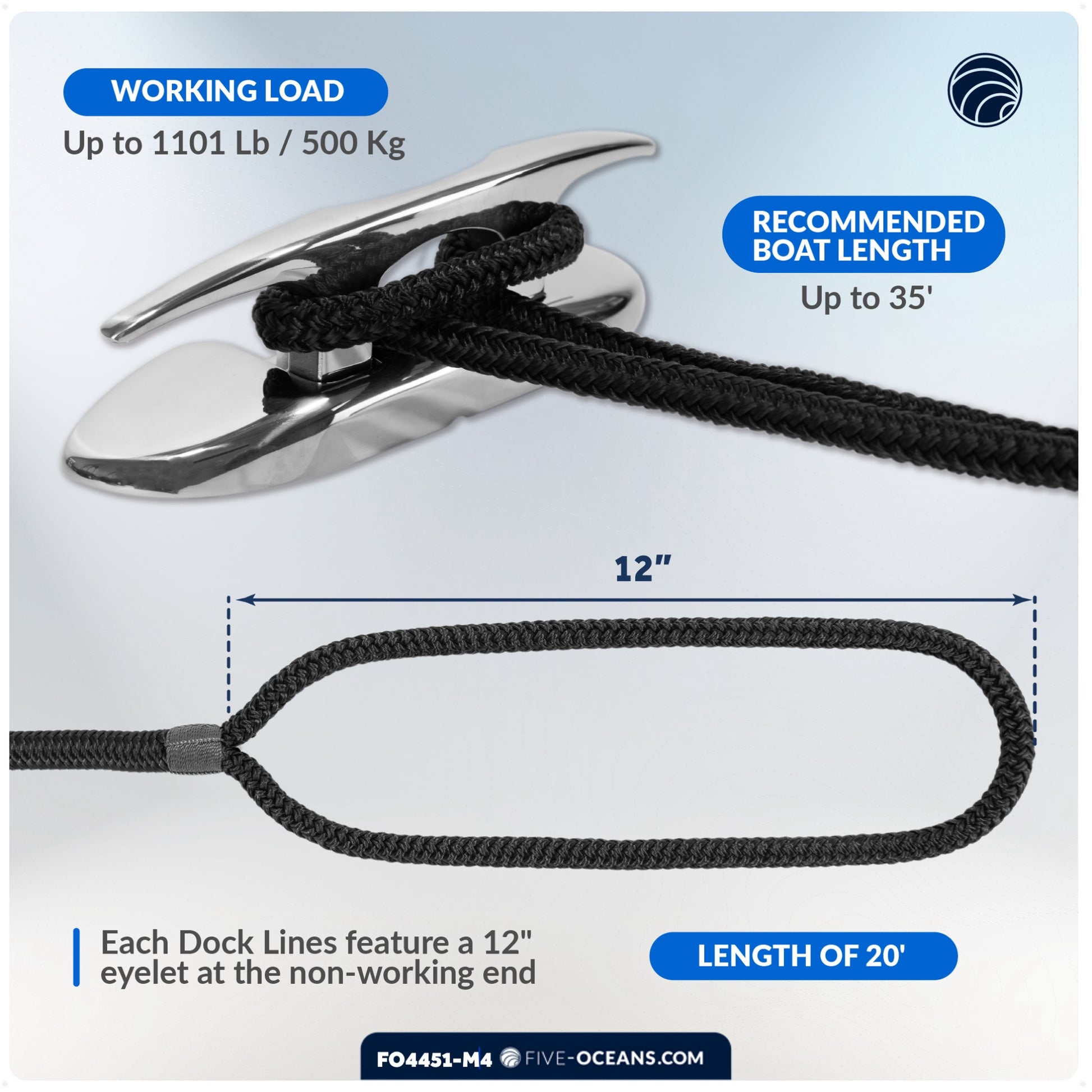 Dock Lines, 1/2" x 20', Black Nylon Double Braided with 12" Eyelet, 4-Pack - FO4451-M4 - Five Oceans